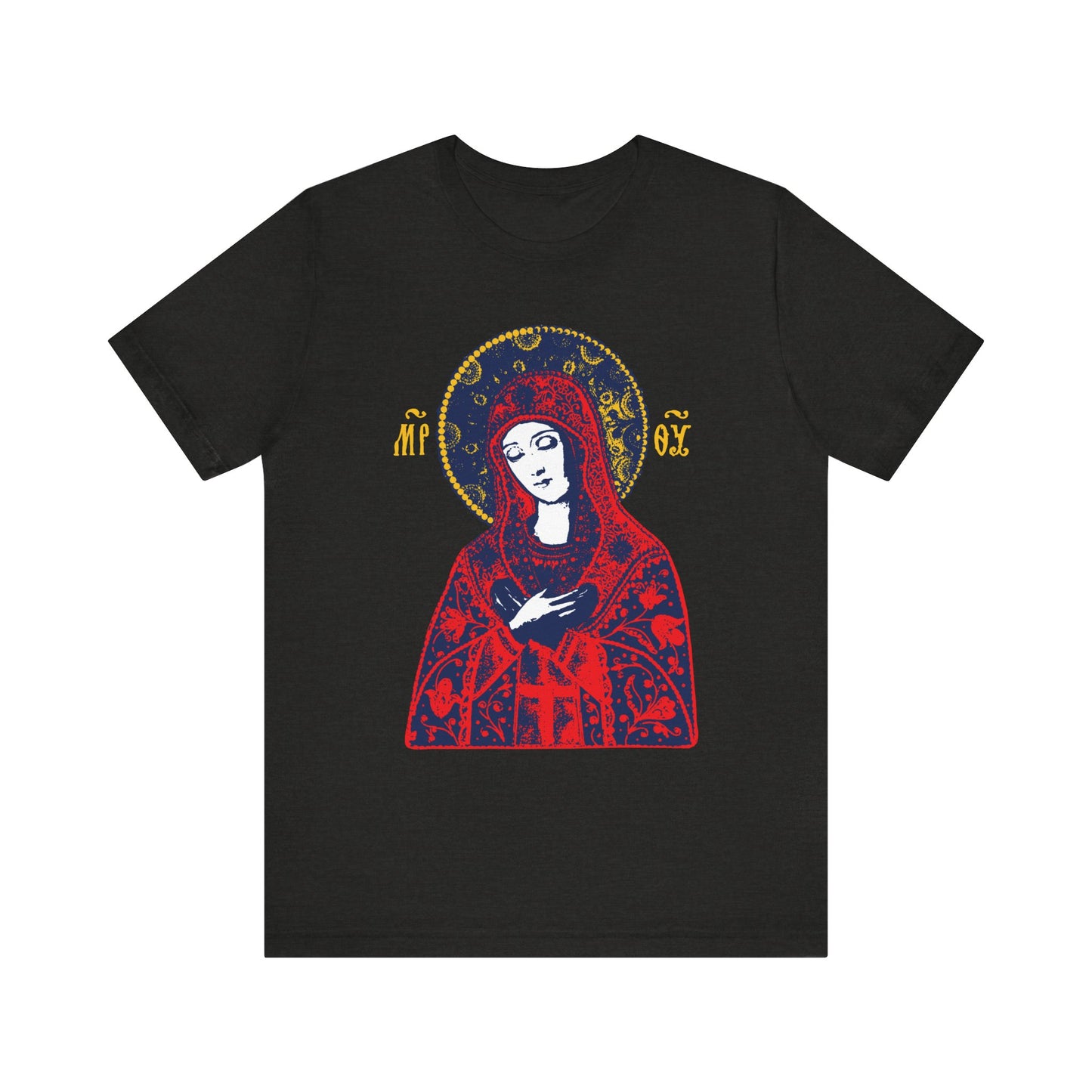Black Heather unisex t-shirt featuring the Joy of All Joys Tenderness Theotokos icon, inspired by traditional Orthodox iconography, with halo and gold Greek letters. Lightweight cotton, Christian design.