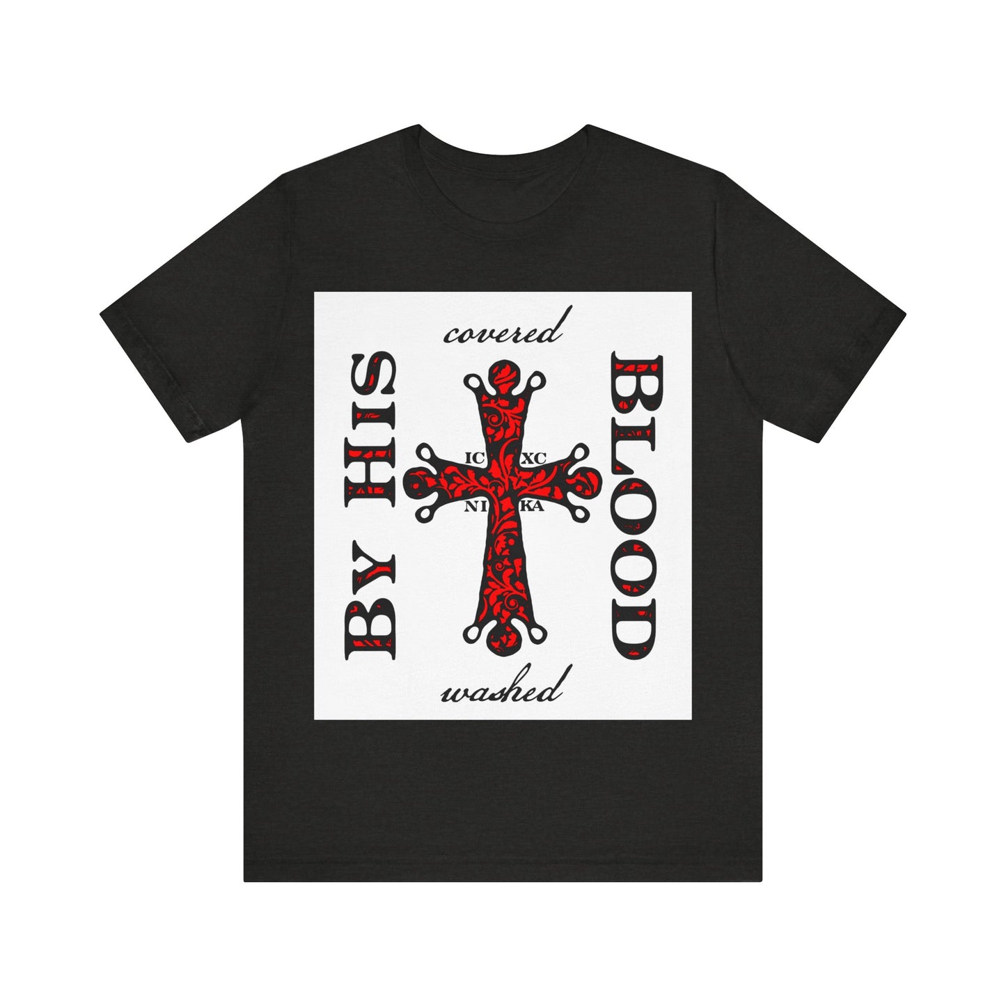 Washed/Covered By His Blood (1 John 1:7) | ICXC NIKA Ornate Red Orthodox Cross | Orthodox Christian Cotton T-Shirt
