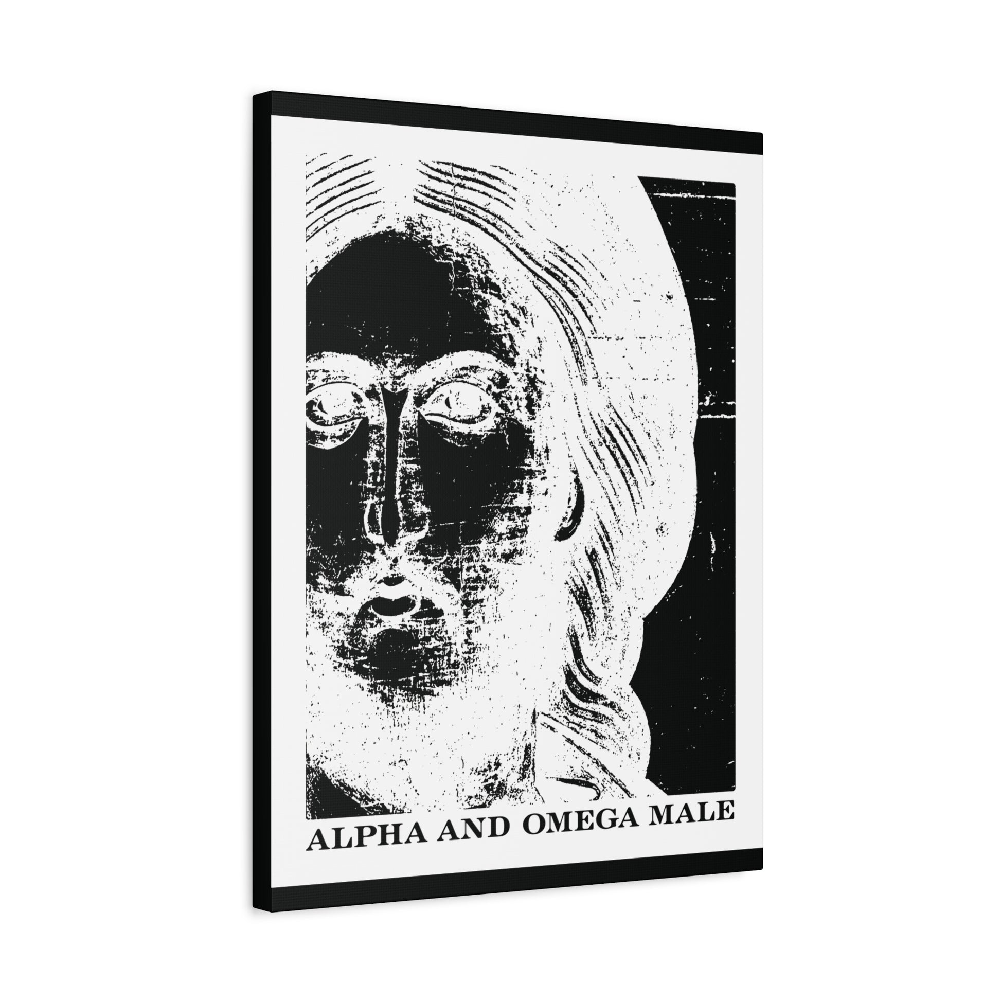 Black and white Jesus Christ icono-graphic art with "I am the Beginning & the End (Rev 22)"—Alpha & Omega Male Orthodox canvas wall art. Bold, faith-inspired decor.