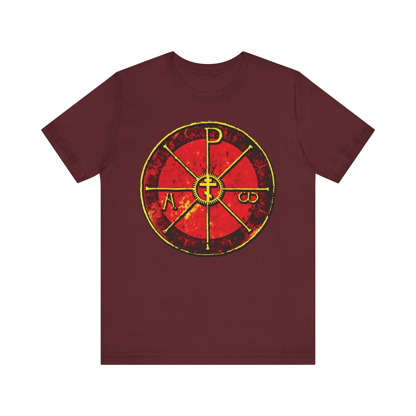 Maroon Alpha & Omega Chi Rho Orthodox Cross t-shirt, with ancient Christogram inspired by Saint Ambrose’s Chrismon and Greek letters on the front; lightweight cotton Christian apparel.