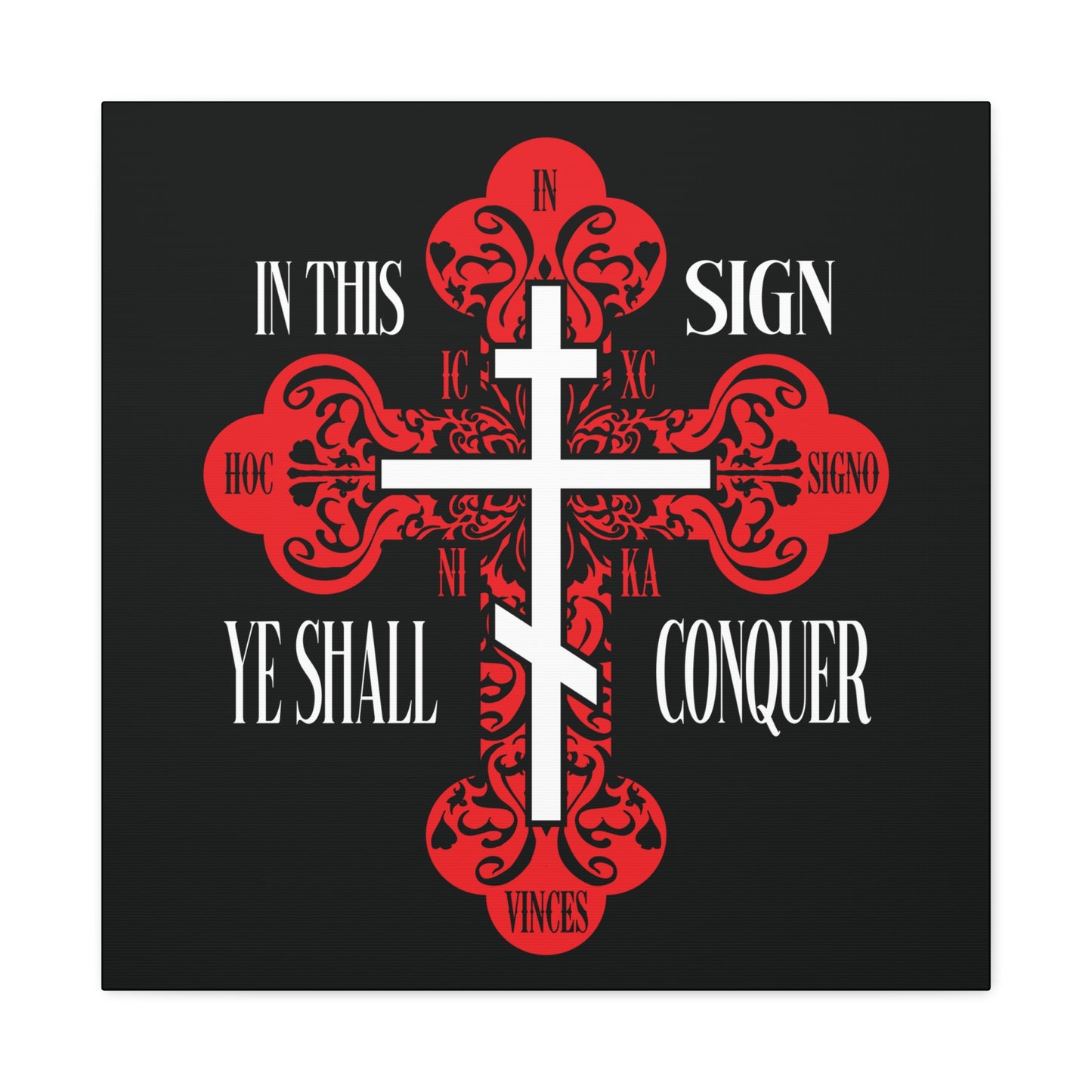 A red ornate Orthodox cross wall art featuring "In This Sign Ye Shall Conquer," "ICXC NIKA," and "Jesus Christ Conquers" in white, symbolizing spiritual victory.