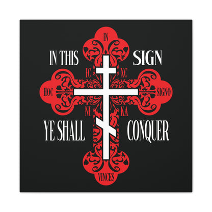 A red ornate Orthodox cross wall art featuring "In This Sign Ye Shall Conquer," "ICXC NIKA," and "Jesus Christ Conquers" in white, symbolizing spiritual victory.