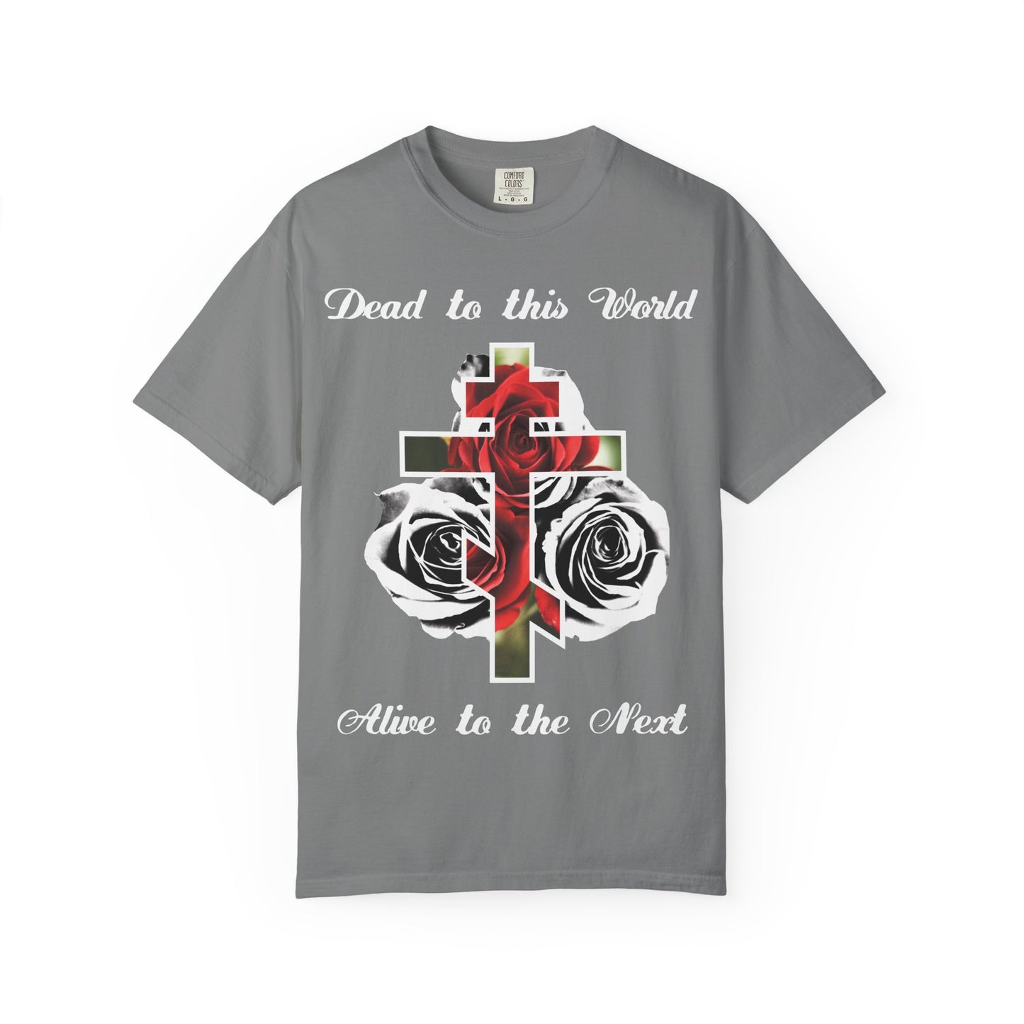 Show your faith with the “Dead to This World Alive to the Next” heavyweight grey tee featuring a cross, red roses, and “The Cross is the Doorway to Heaven”—a bold Christian message on premium unisex cotton.