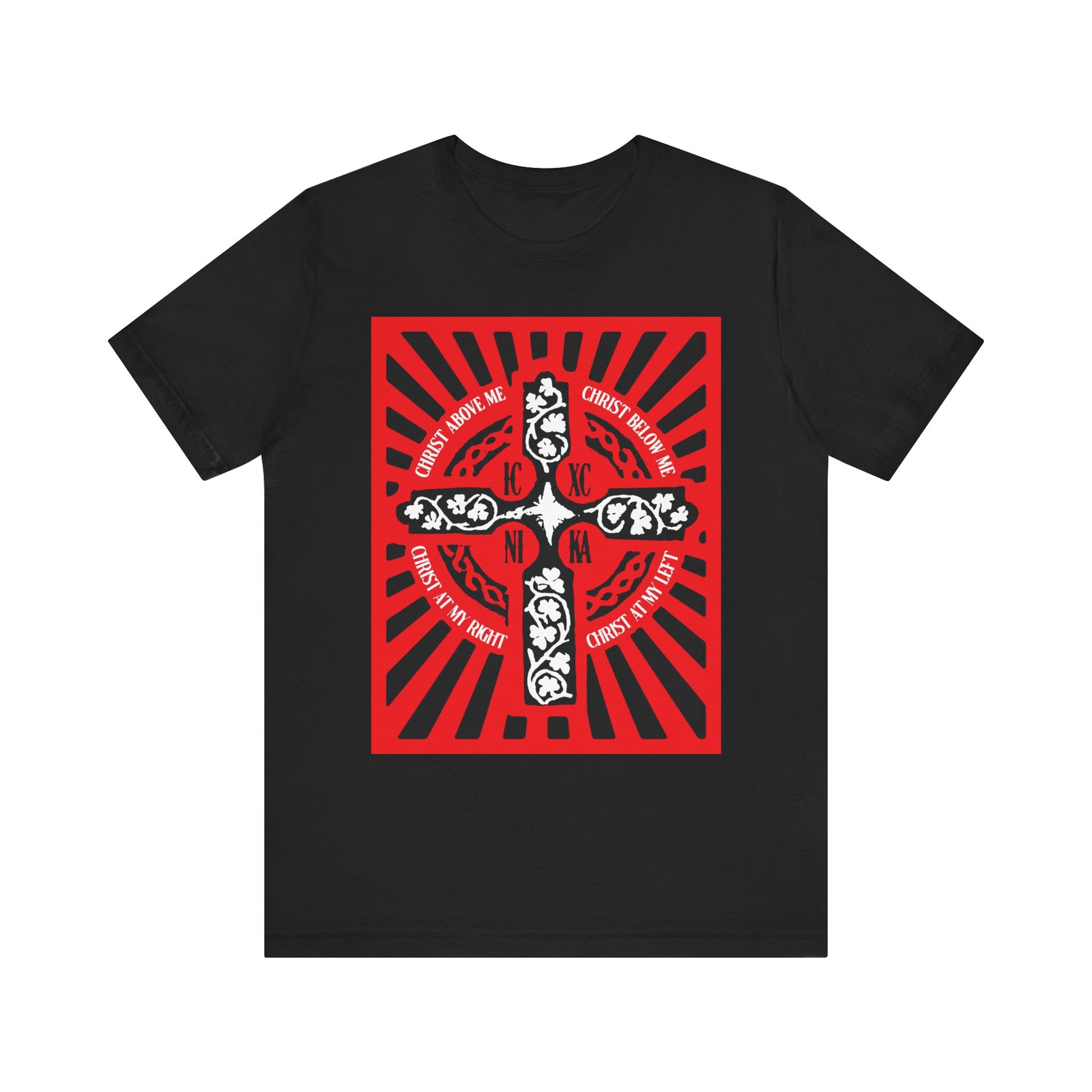 Black "Red ICXC NIKA Enniskillen Celtic Cross" tee, featuring a red and white ornate cross with rays, religious symbols, and text inspired by the Lorica (Shield Prayer) of St. Patrick; made from lightweight cotton, unisex fit.