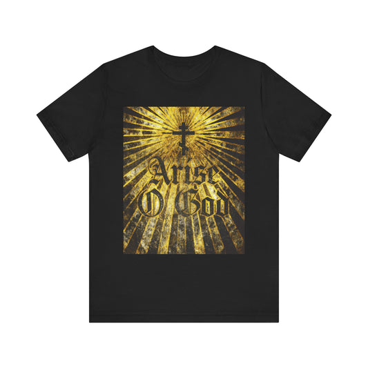 Black Lightweight Cotton Unisex T-Shirt featuring a textured Gothic font, Orthodox cross, and golden rays with “Arise O God”—inspired by Psalm 81 (82 LXX) and the Divine Council.