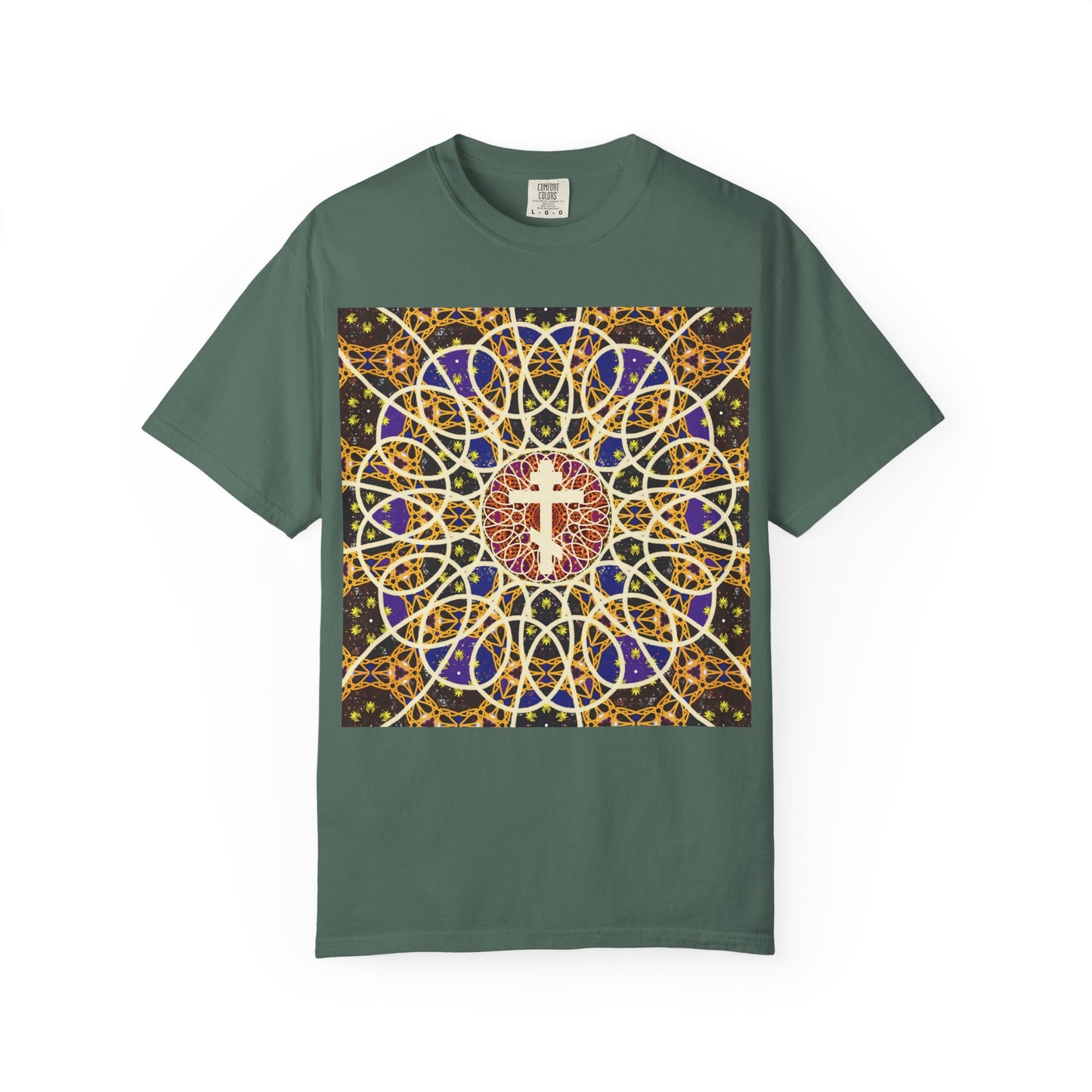 Blue spruce heavyweight cotton unisex T-shirt featuring the “Medieval Cosmology Rose Window Orthodox Cross” design—a colorful and intricate stained glass rose window with a central white cross, inspired by Tone 6 Sunday Matins and the robe of incorruption, and inscribed with “Let all the earth venerate the Cross.”.