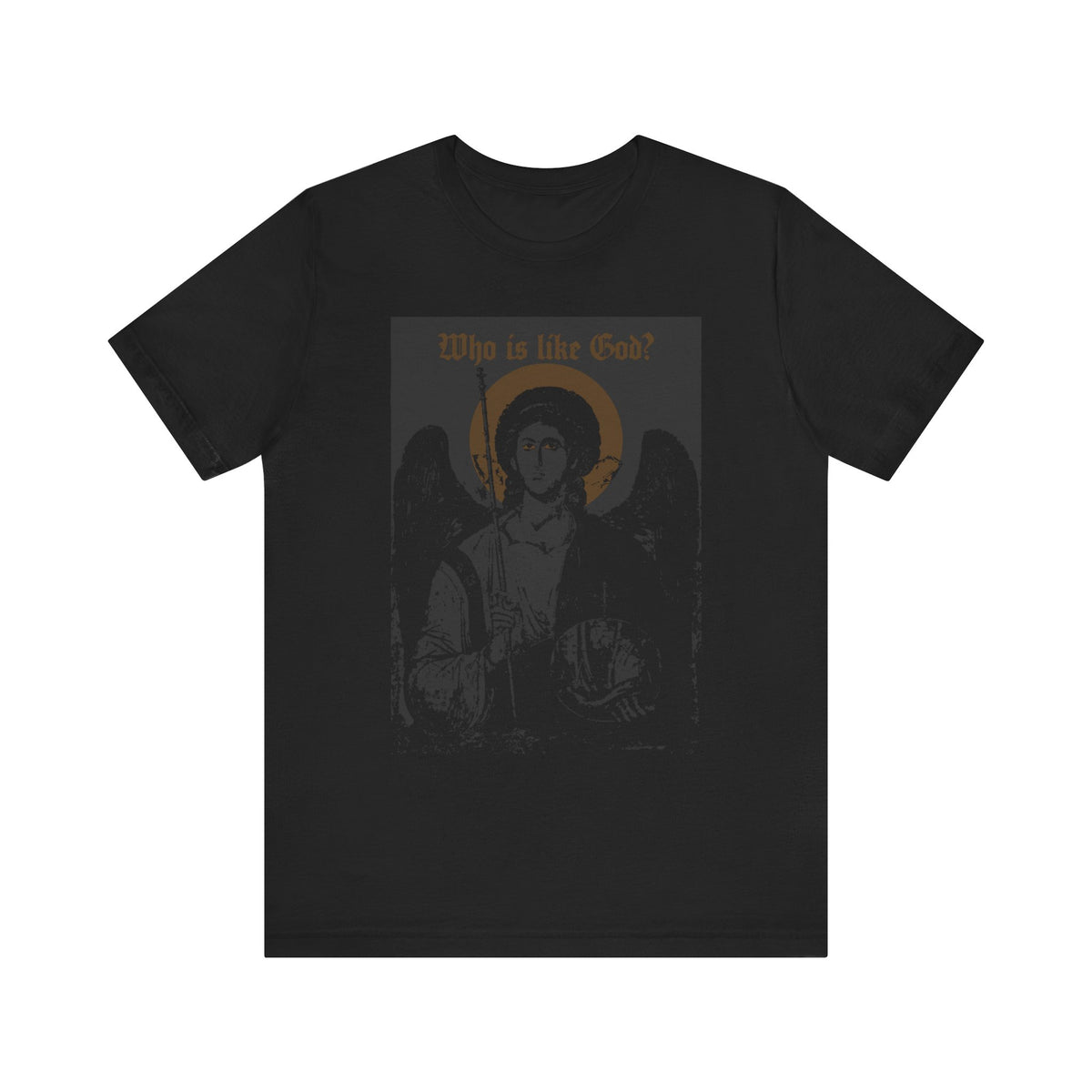 Black “Who Is Like God? Archangel Michael Icono-Graphic” unisex tee, featuring a bronze Orthodox Christian angel graphic and the phrase “Who is like God?”—referencing Archangel Michael—printed above the icon; lightweight cotton, black color.