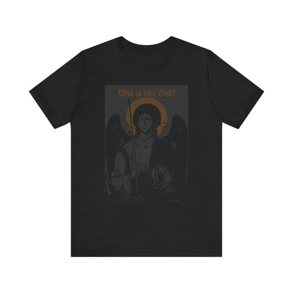 Black “Who Is Like God? Archangel Michael Icono-Graphic” unisex tee, featuring a bronze Orthodox Christian angel graphic and the phrase “Who is like God?”—referencing Archangel Michael—printed above the icon; lightweight cotton, black color.
