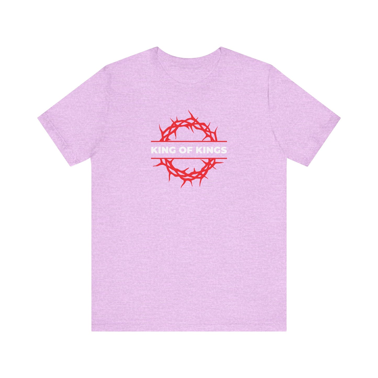 Heather Prism Lilac unisex lightweight cotton t-shirt featuring a red crown of thorns and white "KING OF KINGS" text across the chest, inspired by Revelation 19:16 where Christ—the King of Glory—returns, as reflected in the King of Kings Crown of Thorns | The King of Glory | Christ is King design.