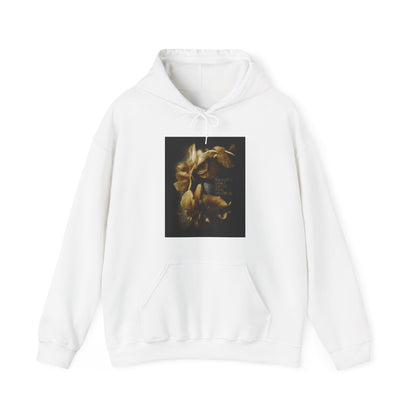 White "Beauty Will Save the World" Christian hoodie featuring a dark floral graphic and photographic artwork glorifying Jesus Christ, Universal Creator & King, inspired by Dostoevsky.