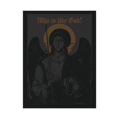 Who Is Like God? Archangel Michael Icono-Graphic w/ Cross on Front Left Breast art poster featuring a dark, black-and-bronze design of an angel with a halo and black wings. “Who is like God?” appears across the top in gold lettering. Inspired by Orthodox Christian tradition, this goth Christian art piece honors Archangel Michael, the revered guardian angel.