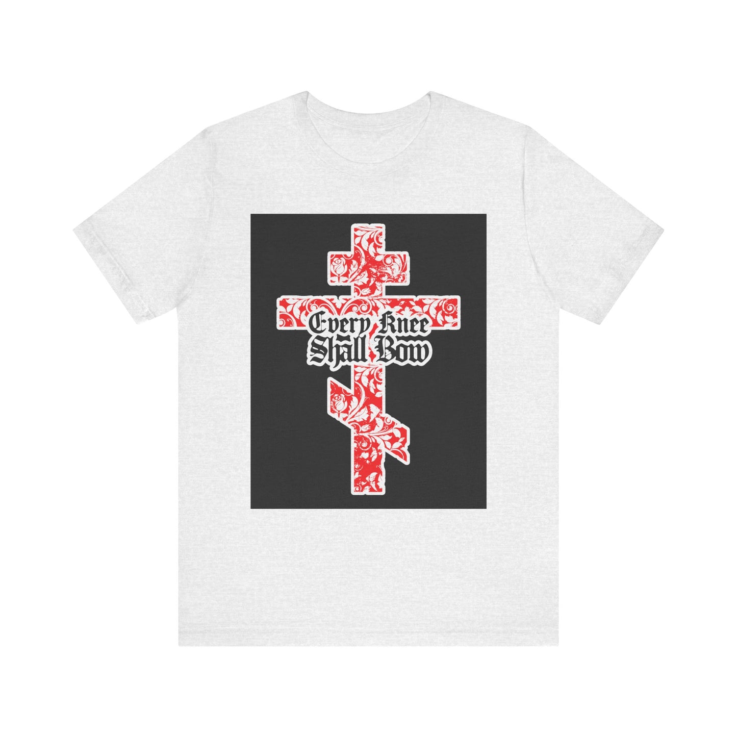 Ash lightweight cotton unisex tee featuring a gold and red floral Orthodox cross with Gothic letters and the phrase "Every Knee Shall Bow" (Isaiah 45:22-24, Phil 2:7-11).