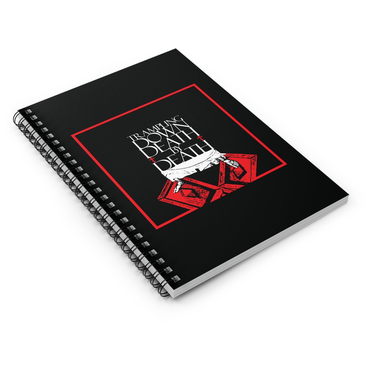 The "Trampling Down Death By Death" spiral notebook features a black cover with red coffins and iconographic Jesus' feet on the Gates of Hades, symbolizing victory over death and the promise of eternal life.