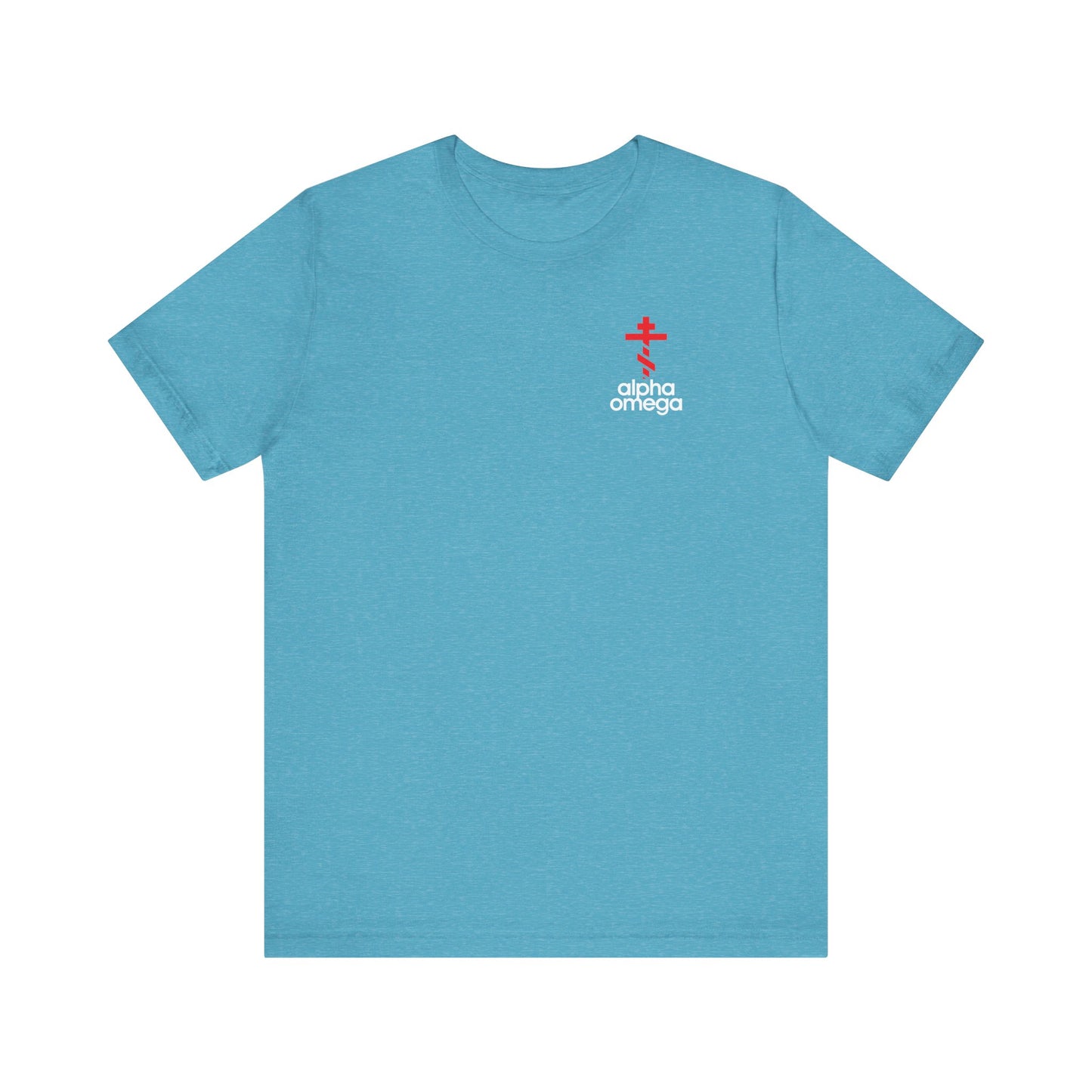 The Alpha & Omega Red Orthodox Cross Tee features a minimalist Adidas-inspired logo mashup with a small red cross and text on the left chest, symbolizing Christian prayer and repentance. Available in heather aqua, lightweight unisex cotton.