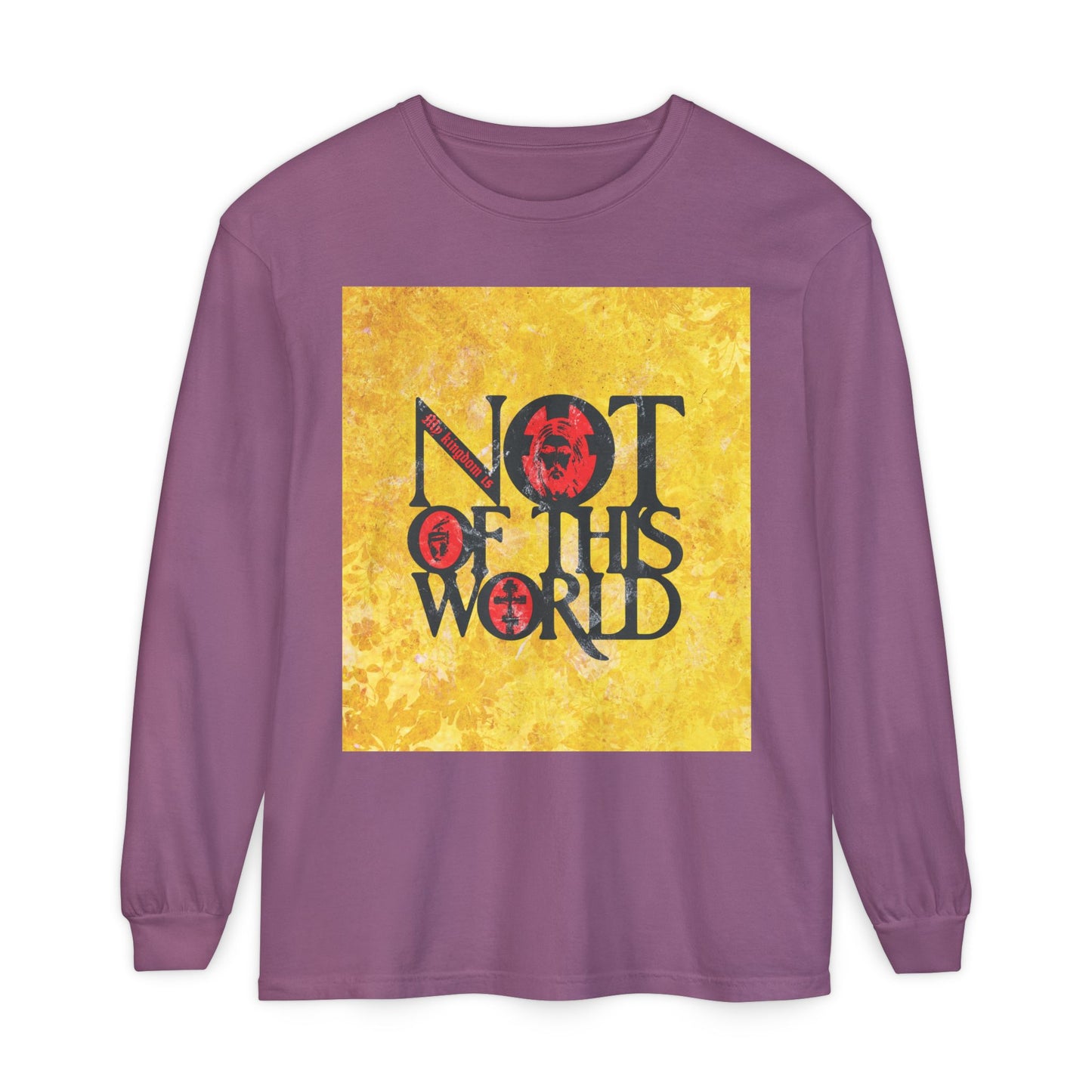 My Kingdom is Not of This World (John 18:36) | Bold Red, Yellow & Black Textured Design with Icon Motifs | Orthodox Christian Long Sleeve Shirt