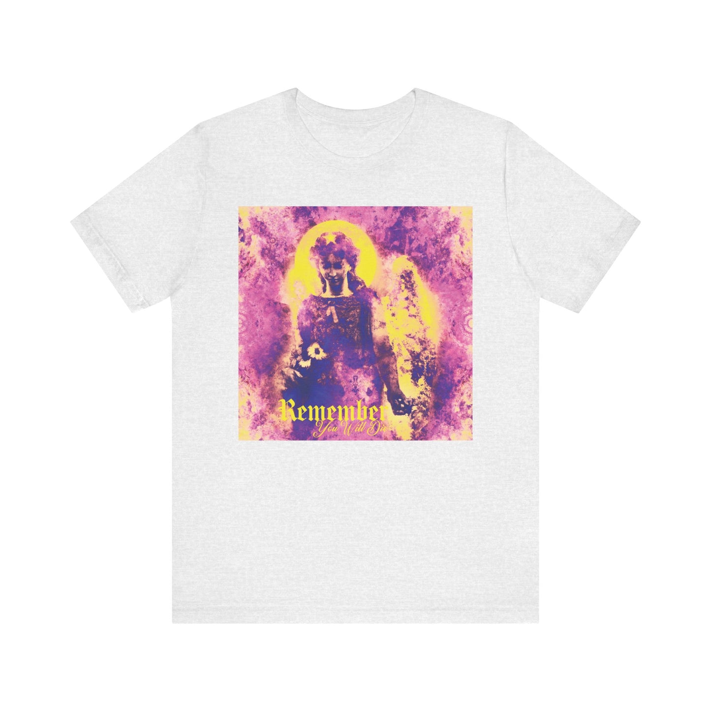 Ash t-shirt featuring the "Remember You Will Die" pastel goth psychedelic cemetery angel design in purple and yellow hues, with Orthodox Christian inspiration and a gentle, prayer-like reminder.