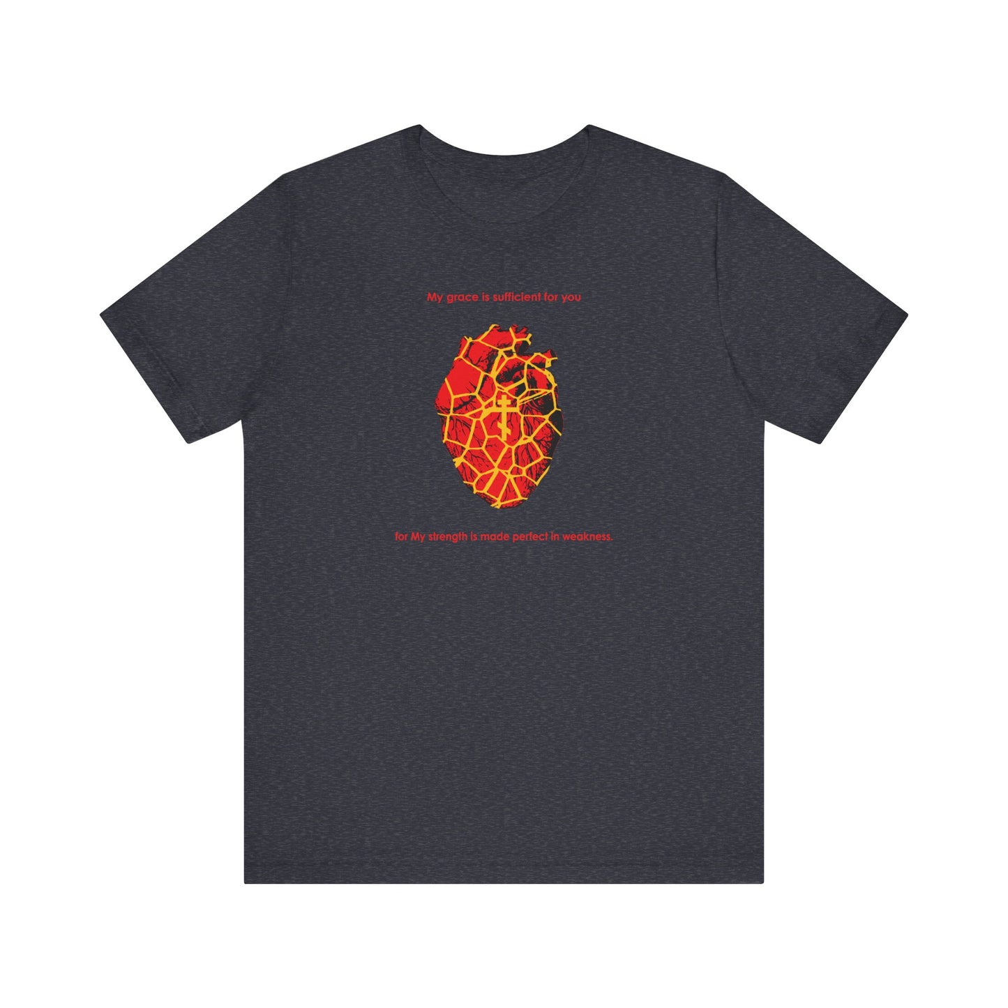 My Strength is Made Perfect in Weakness (2 Cor 12:9) | Kintsugi Style Golden Broken Heart | Orthodox Cross | Lightweight Cotton Unisex Tee