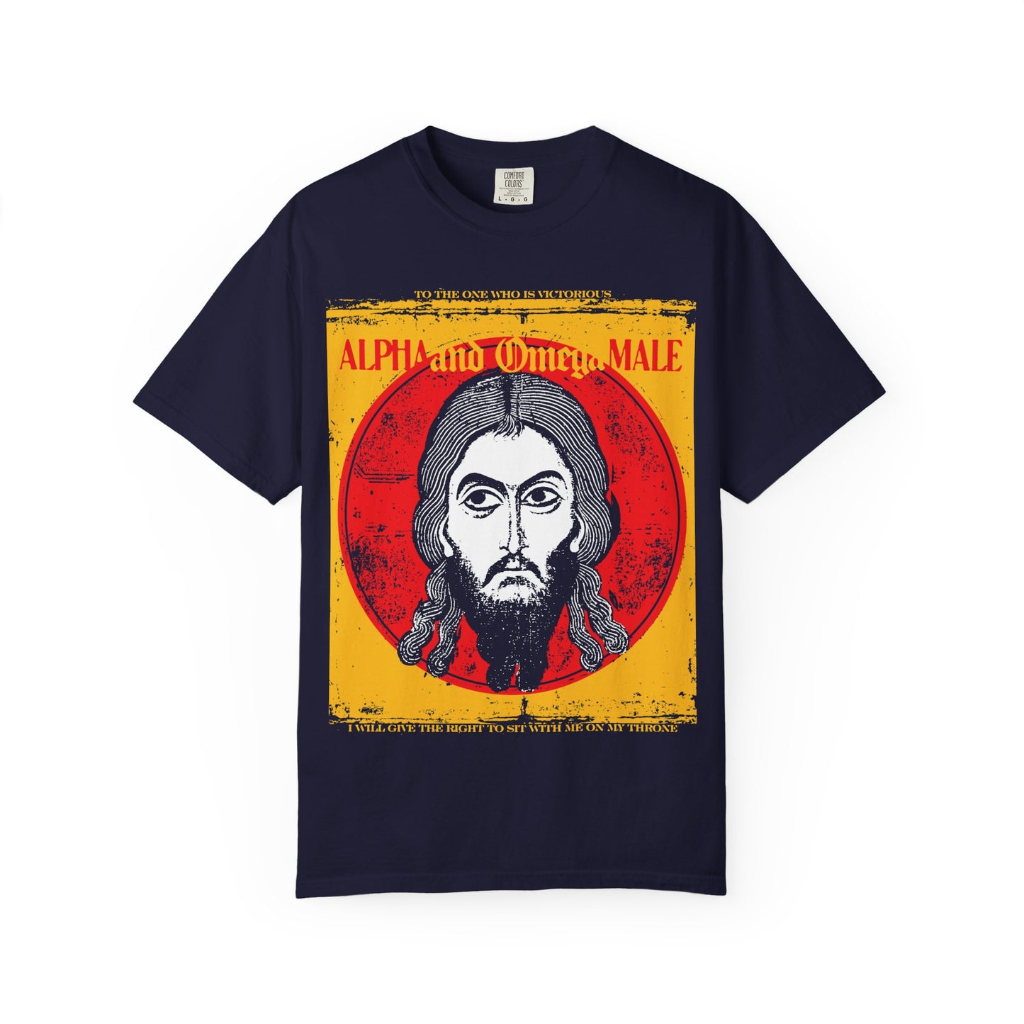 True Navy “Alpha & Omega Male” heavyweight cotton unisex tee featuring an Image of Edessa IkonoGraphic of Jesus Christ and bold yellow and red lettering, inspired by the powerful Revelation scripture: “To the One Who Is Victorious.”.