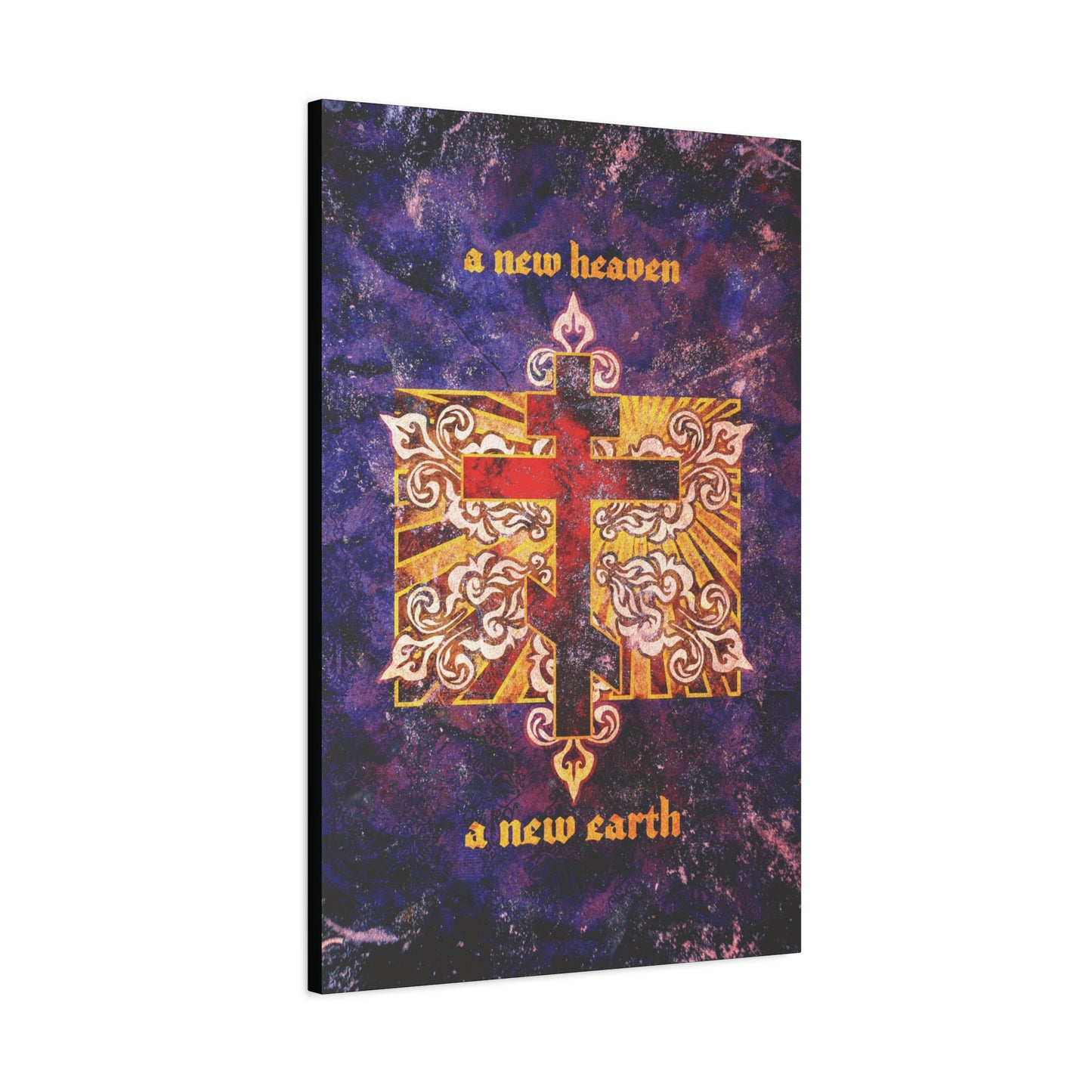 A New Heaven/A New Earth | Red Orthodox Cross on Textured Ornate Background | Christian Canvas Art