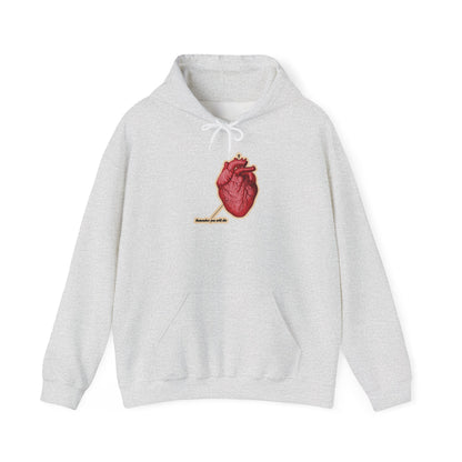 Ash-colored hoodie featuring a retro medical heart with an Orthodox cross and "Remember You Will Die" graphic—a Christian memento mori and reminder of God's mercy.