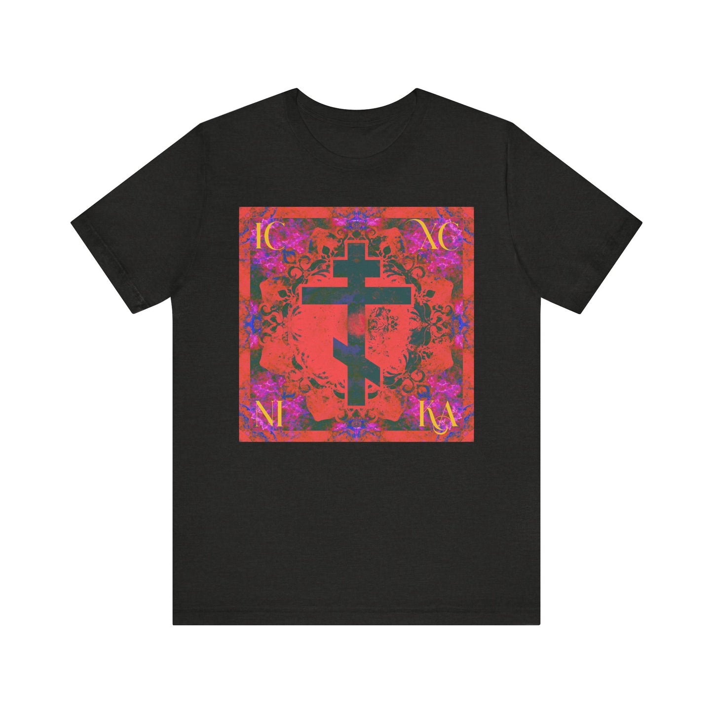 Black Heather unisex tee featuring the ICXC NIKA Colorful Orange Magenta Cross—an ornate square design with a bold cross at its center, inspired by Orthodox Christian symbolism and reflecting the depth of Saviour’s sufferings as taught by St. John of Kronstadt.