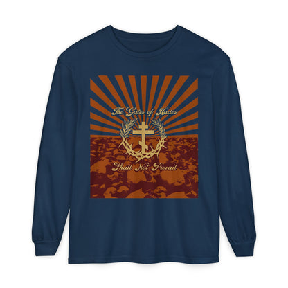 The Gates of Hades Shall Not Prevail | Cross with Wreath & Crown of Thorns | Skulls and Rays | Orthodox Christian Long Sleeve Shirt