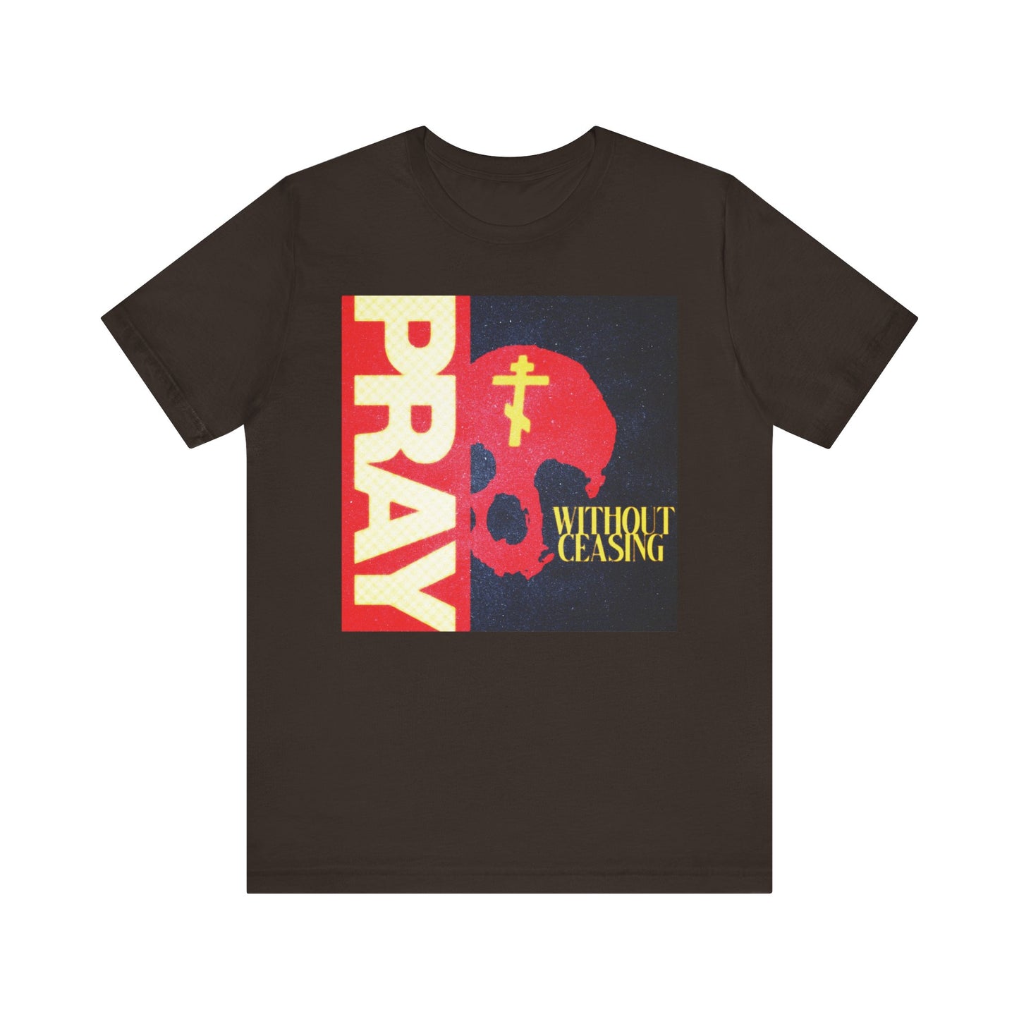 Pray Without Ceasing (1 Thess 5:16) | Red Skull w/ Yellow Orthodox Cross | Christian Lightweight Cotton Unisex T-Shirt