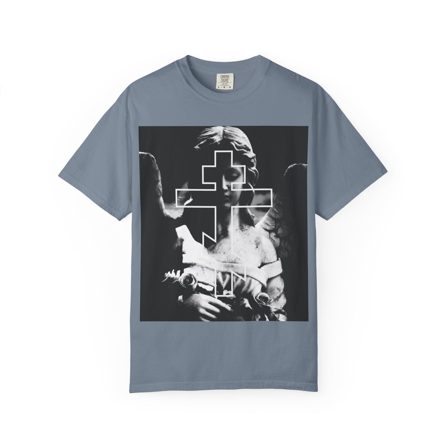 Blue Jean heavyweight cotton unisex tee featuring a grayscale Cemetery Angel Orthodox Cross graphic, inspired by memento mori and goth aesthetic.