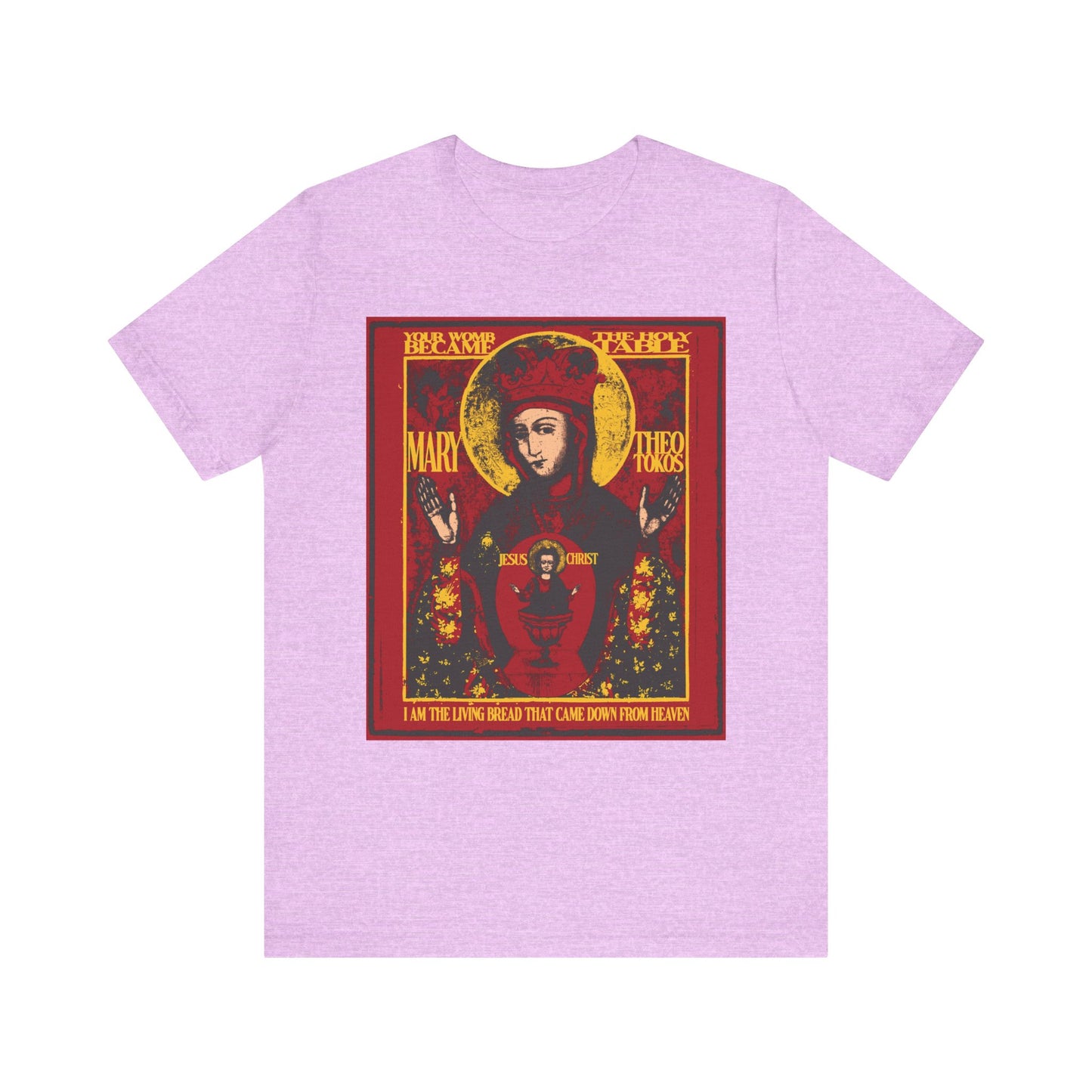 Heather Prism Lilac unisex cotton tee featuring ornate red and gold iconographic artwork of Mary as the Mother of God of Nicaea (Theotokos, Christ in Chalice) with "Most Holy Theotokos Save Us" text at the bottom.