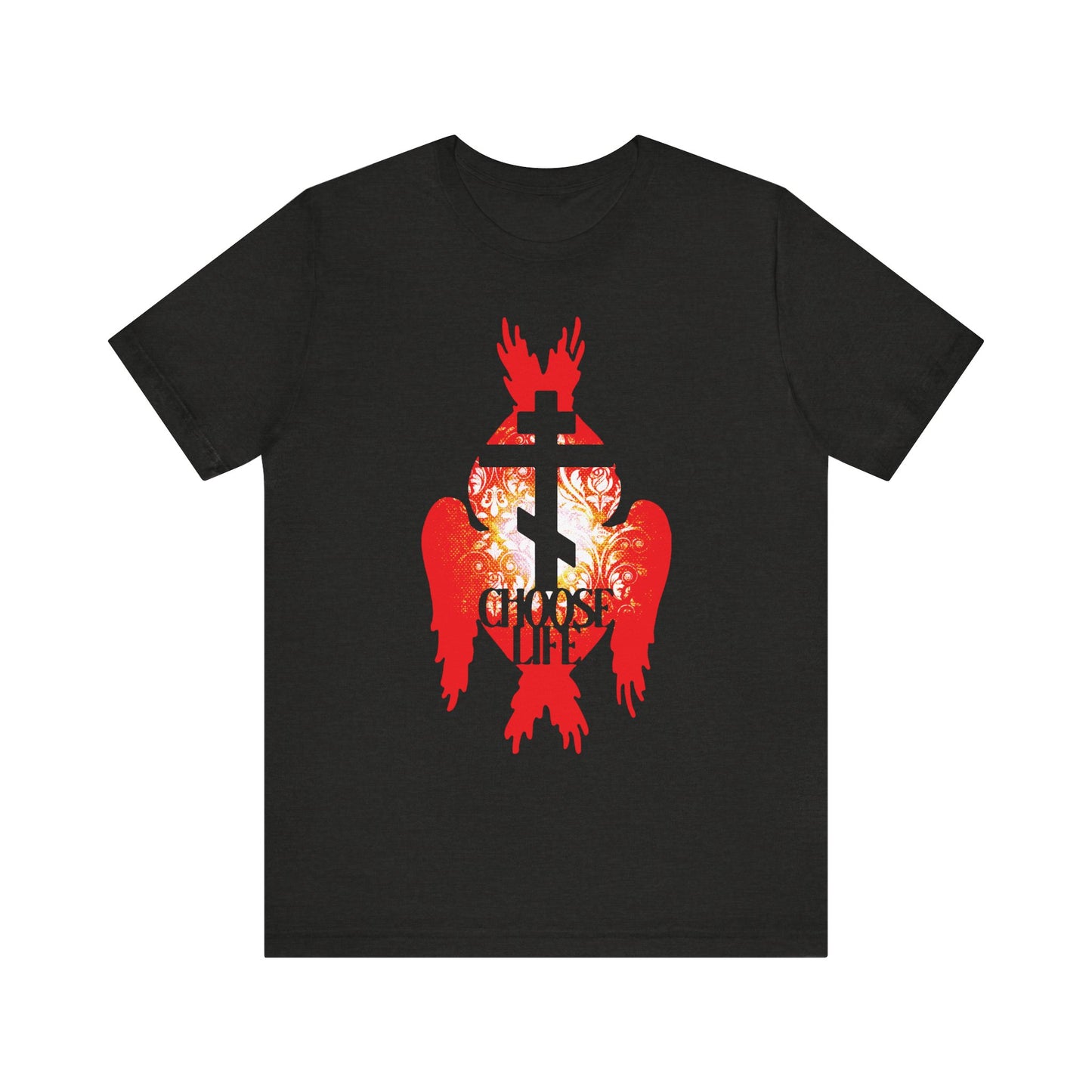 Black Heather tee featuring Orthodox cross, fiery seraphim angel wings, and "CHOOSE LIFE" text—symbolizing the narrow path between joy and grief. Lightweight cotton unisex fit.
