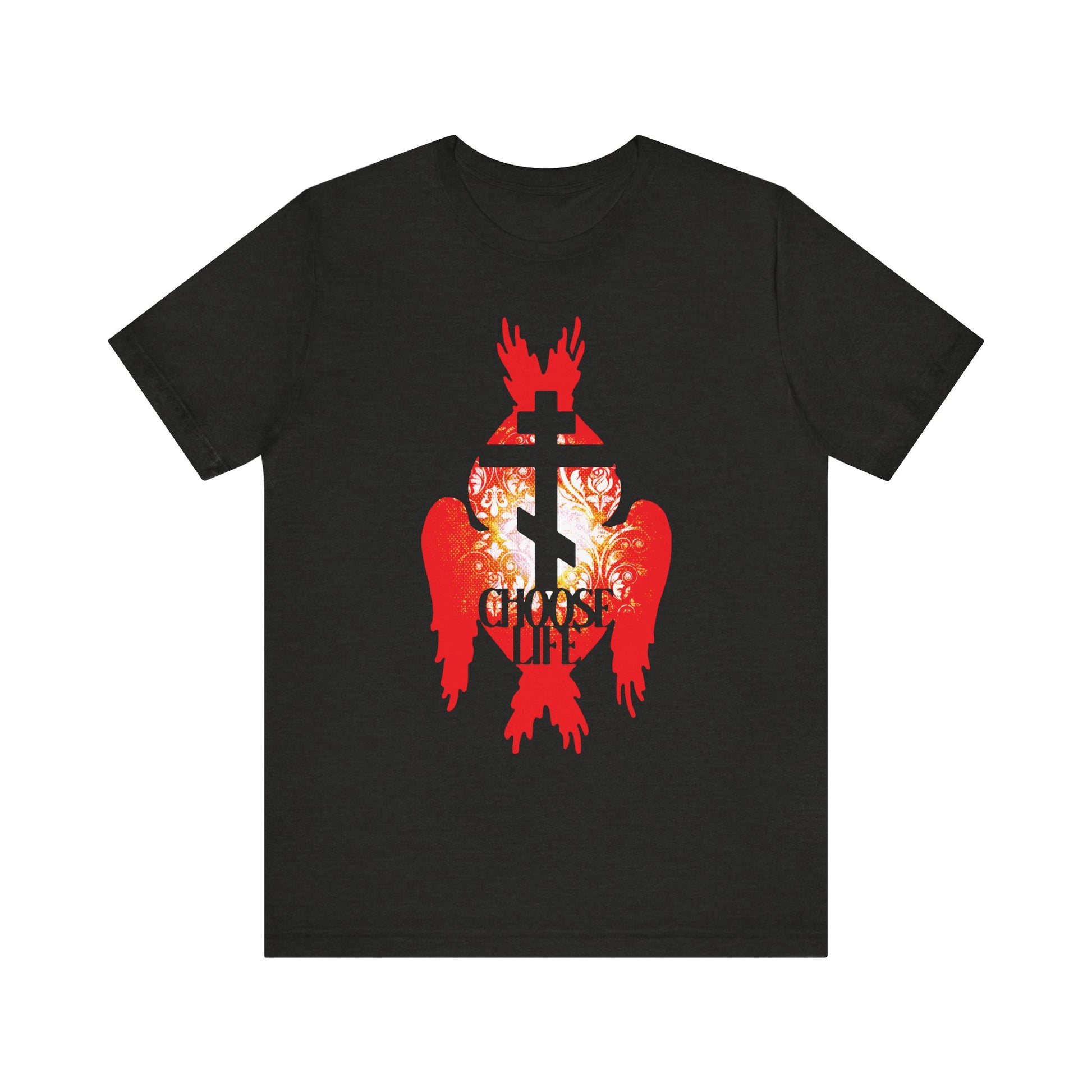 Black Heather tee featuring Orthodox cross, fiery seraphim angel wings, and "CHOOSE LIFE" text—symbolizing the narrow path between joy and grief. Lightweight cotton unisex fit.