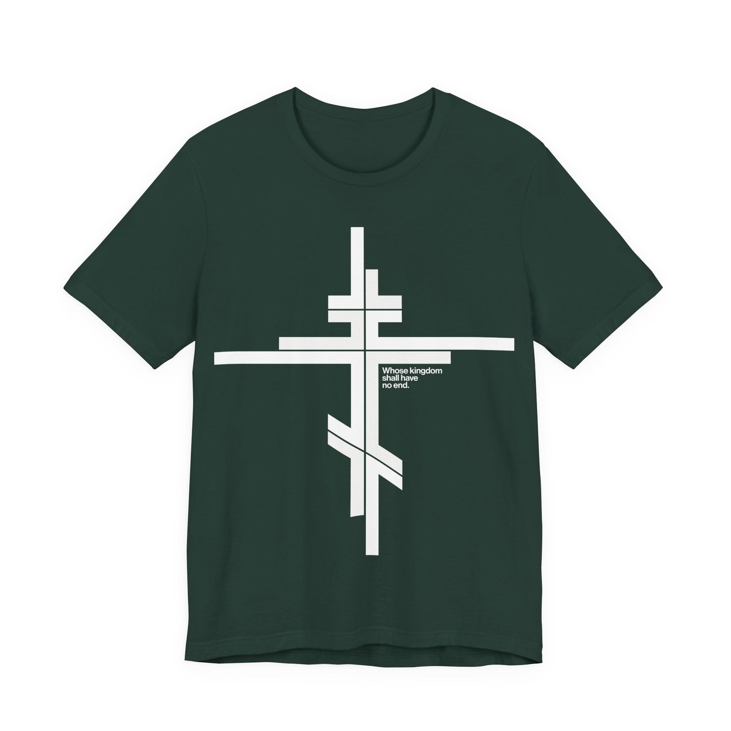 Whose Kingdom Shall Have No End | Luke 1:32-33 | Orthodox Cross | Modernist Minimalist Logo Style | Orthodox Christian Unisex Cotton T-Shirt