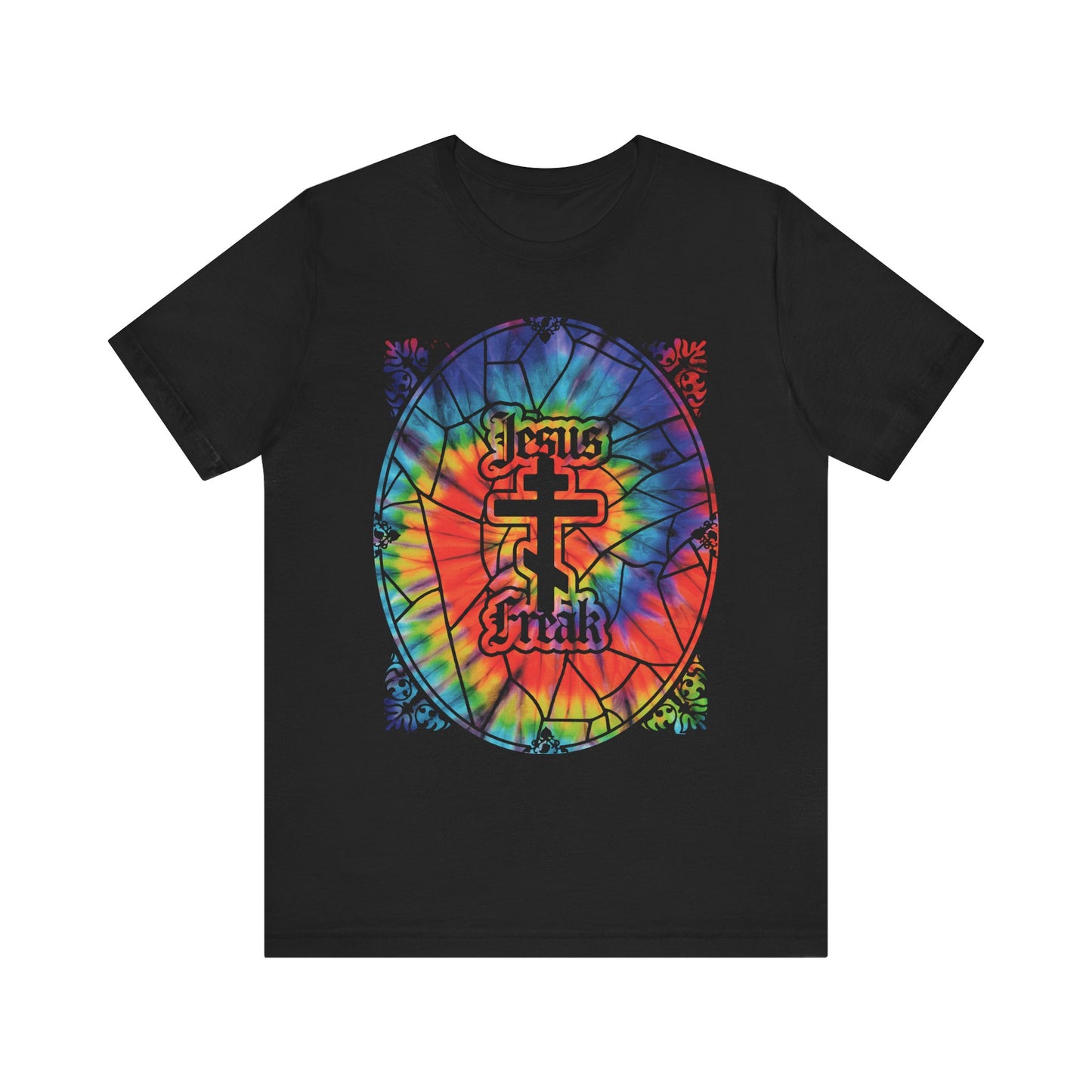 Black Jesus Freak tee featuring a vibrant tie-dye stained glass window design with an Orthodox cross and gothic "Jesus Freak" text at the center, inspired by the passionate spirit of the 70s Jesus Movement and original hippie Christians—a bold nod to its roots.