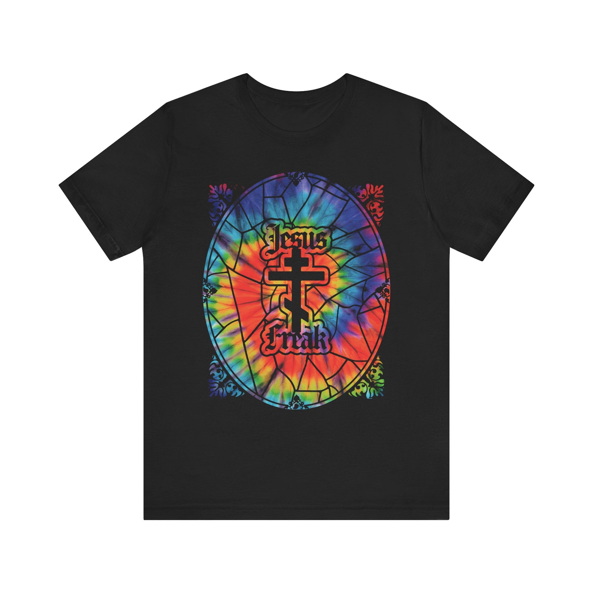 Black Jesus Freak tee featuring a vibrant tie-dye stained glass window design with an Orthodox cross and gothic "Jesus Freak" text at the center, inspired by the passionate spirit of the 70s Jesus Movement and original hippie Christians—a bold nod to its roots.