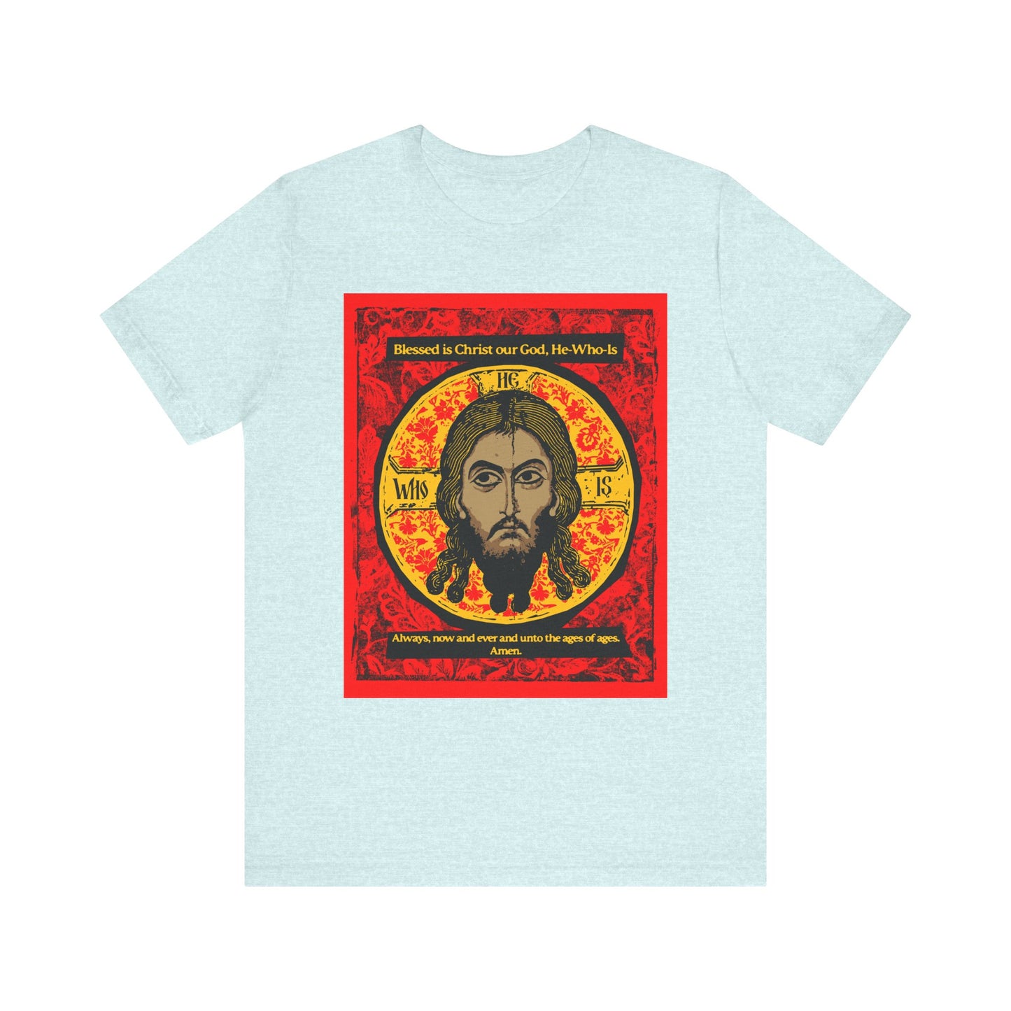 Heather Prism Ice Blue unisex tee featuring a graphic design of Jesus Christ (Mandylion/Image of Edessa) inspired by Orthodox iconography and hymn traditions. Lightweight cotton, Christian-themed apparel.