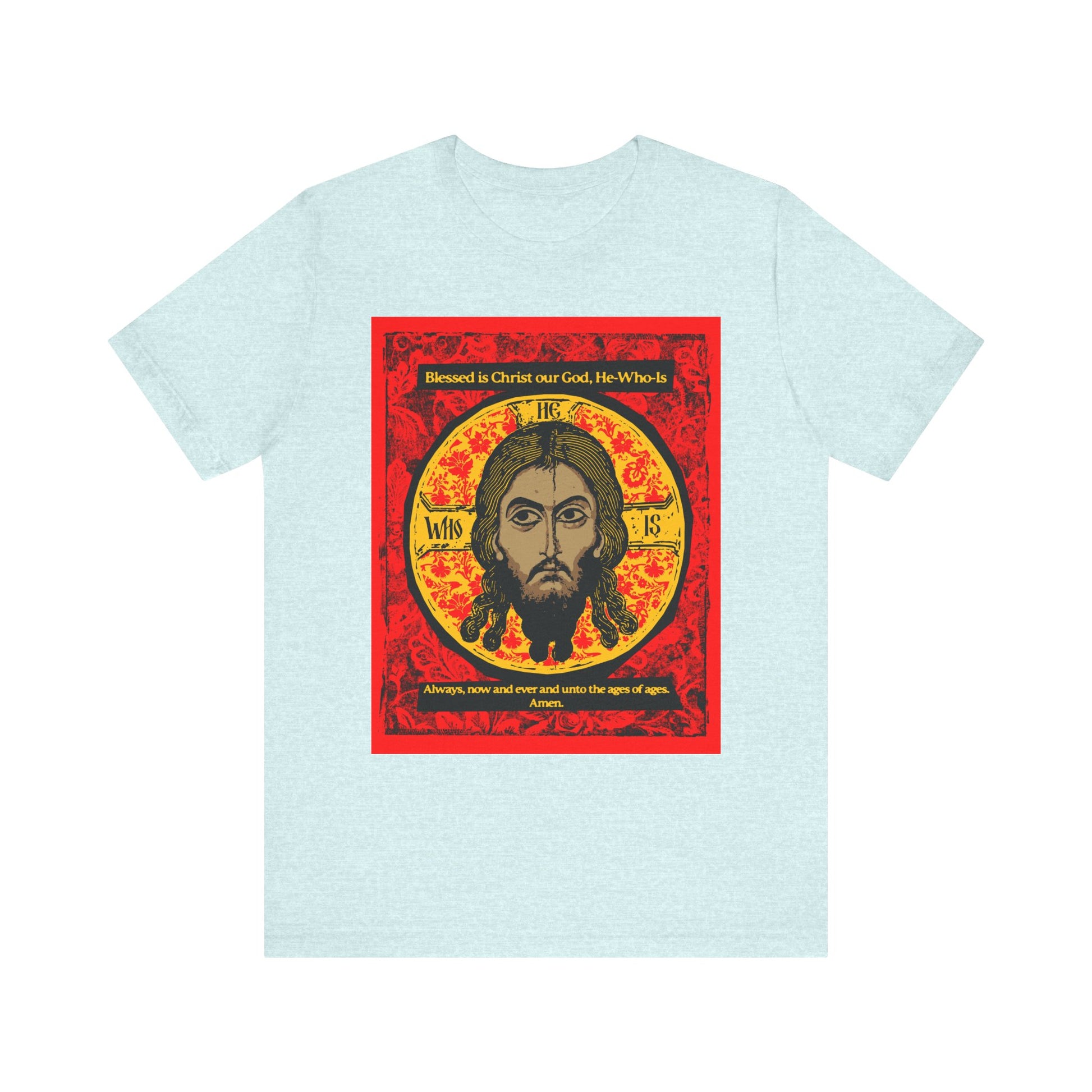 Heather Prism Ice Blue unisex tee featuring a graphic design of Jesus Christ (Mandylion/Image of Edessa) inspired by Orthodox iconography and hymn traditions. Lightweight cotton, Christian-themed apparel.