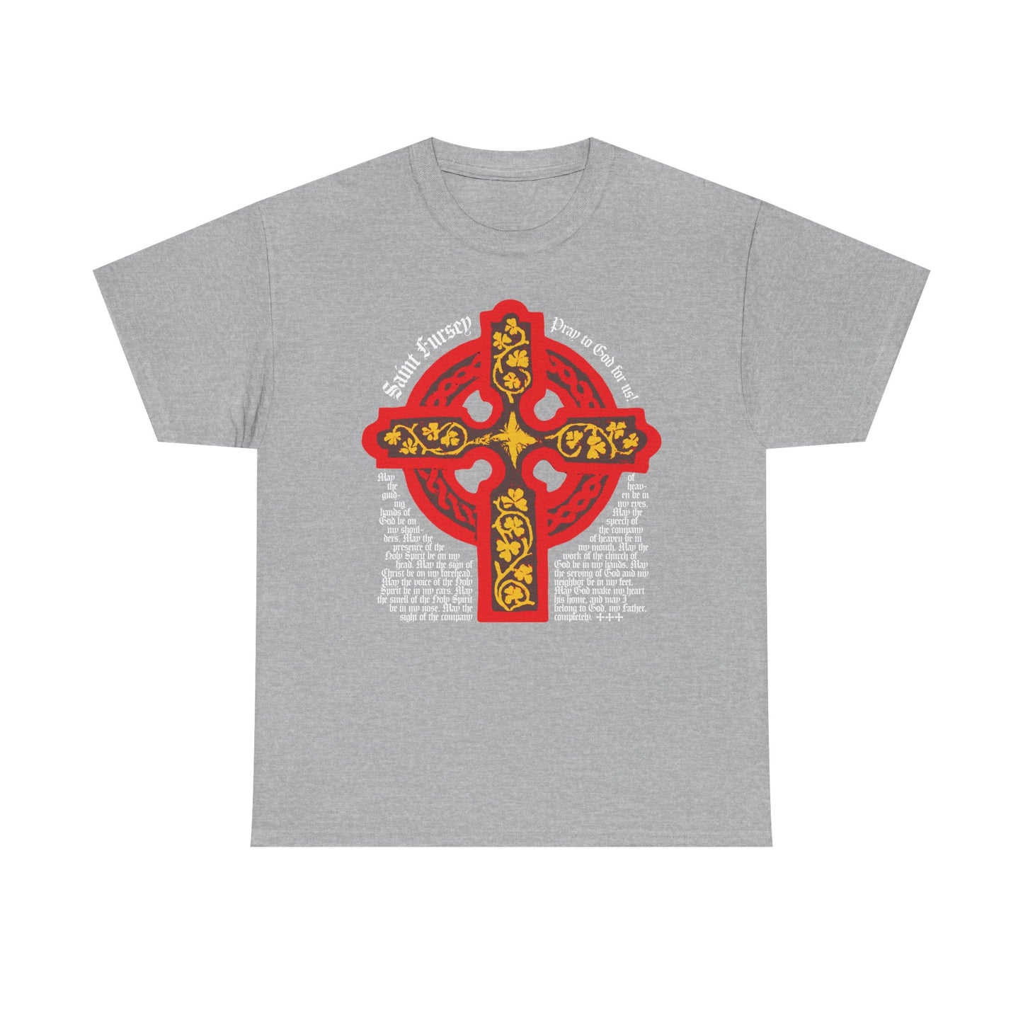 Sport Grey unisex tee with a red and yellow Celtic cross, inspired by the Lorica Shield Prayer of St Fursey. Features white text from this powerful Irish Orthodox prayer encircling the design on midweight cotton.