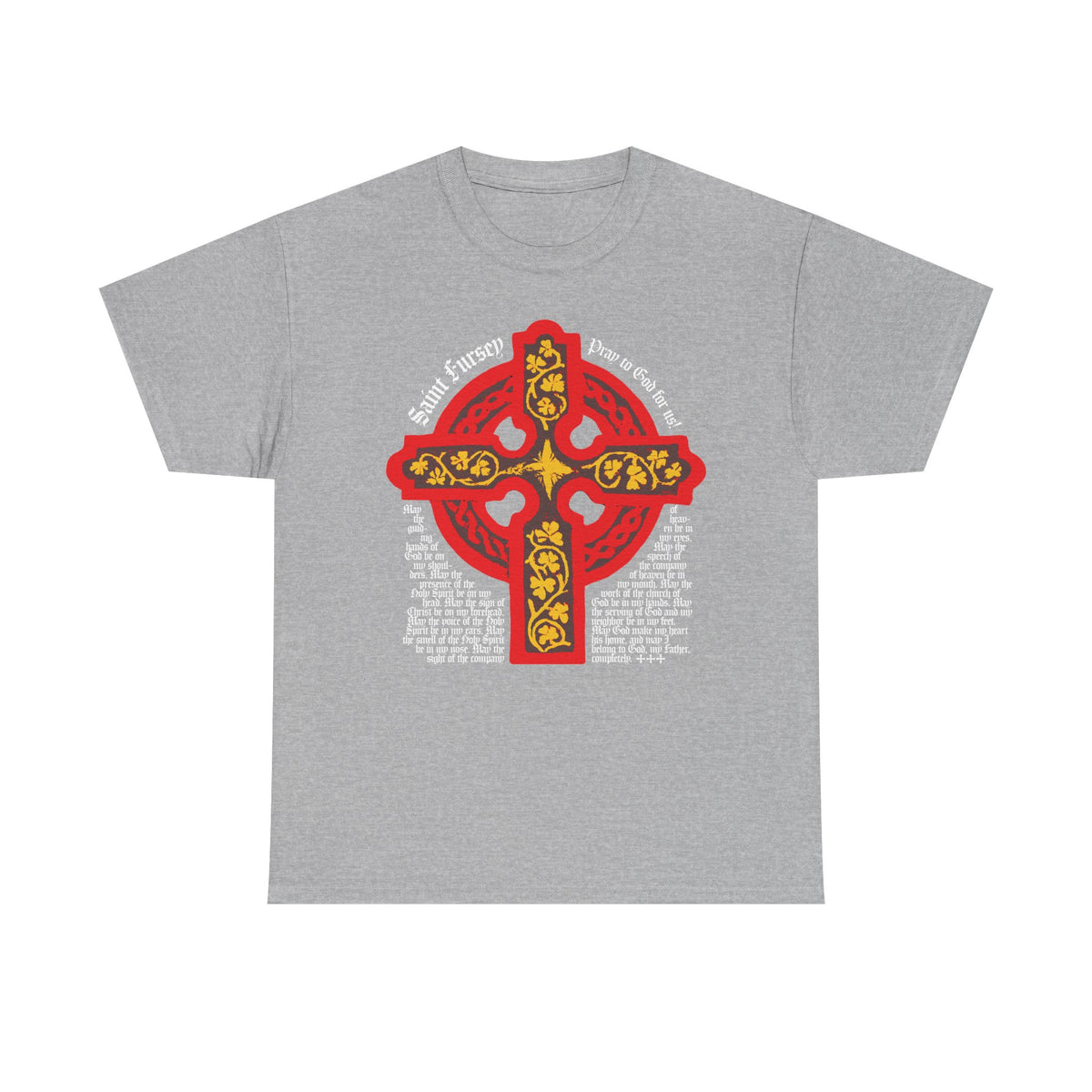Sport Grey unisex tee with a red and yellow Celtic cross, inspired by the Lorica Shield Prayer of St Fursey. Features white text from this powerful Irish Orthodox prayer encircling the design on midweight cotton.