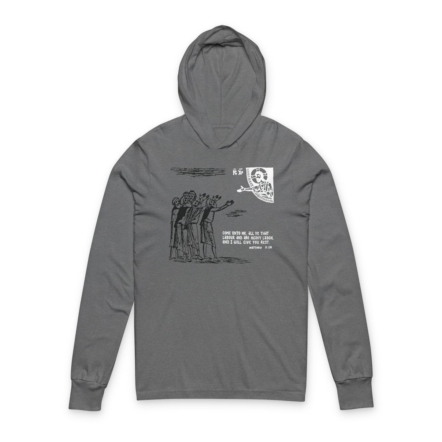 Grey TriBlend Orthodox hooded cotton long-sleeve shirt featuring a black and white Icono-Graphic drawing and "Come Unto Me All Ye That Labour & Are Heavy Laden" (Matt. 11:28) inspired by St Cyril of Alexandria on the front.