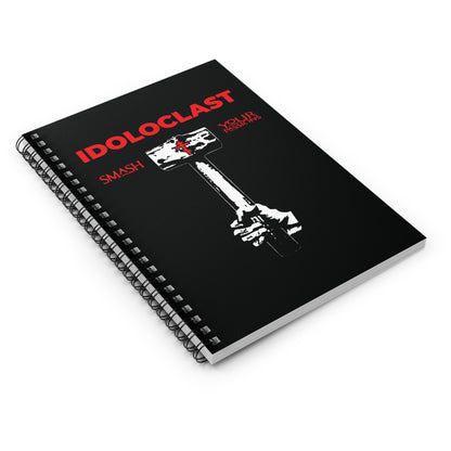 Black spiral notebook: Idoloclast Idol-Smasher featuring a hand holding a sledgehammer, “Smash Your Passions,” ICXC NIKA, inspired by Christian asceticism and Orthodox teachings on overcoming the eight passions.