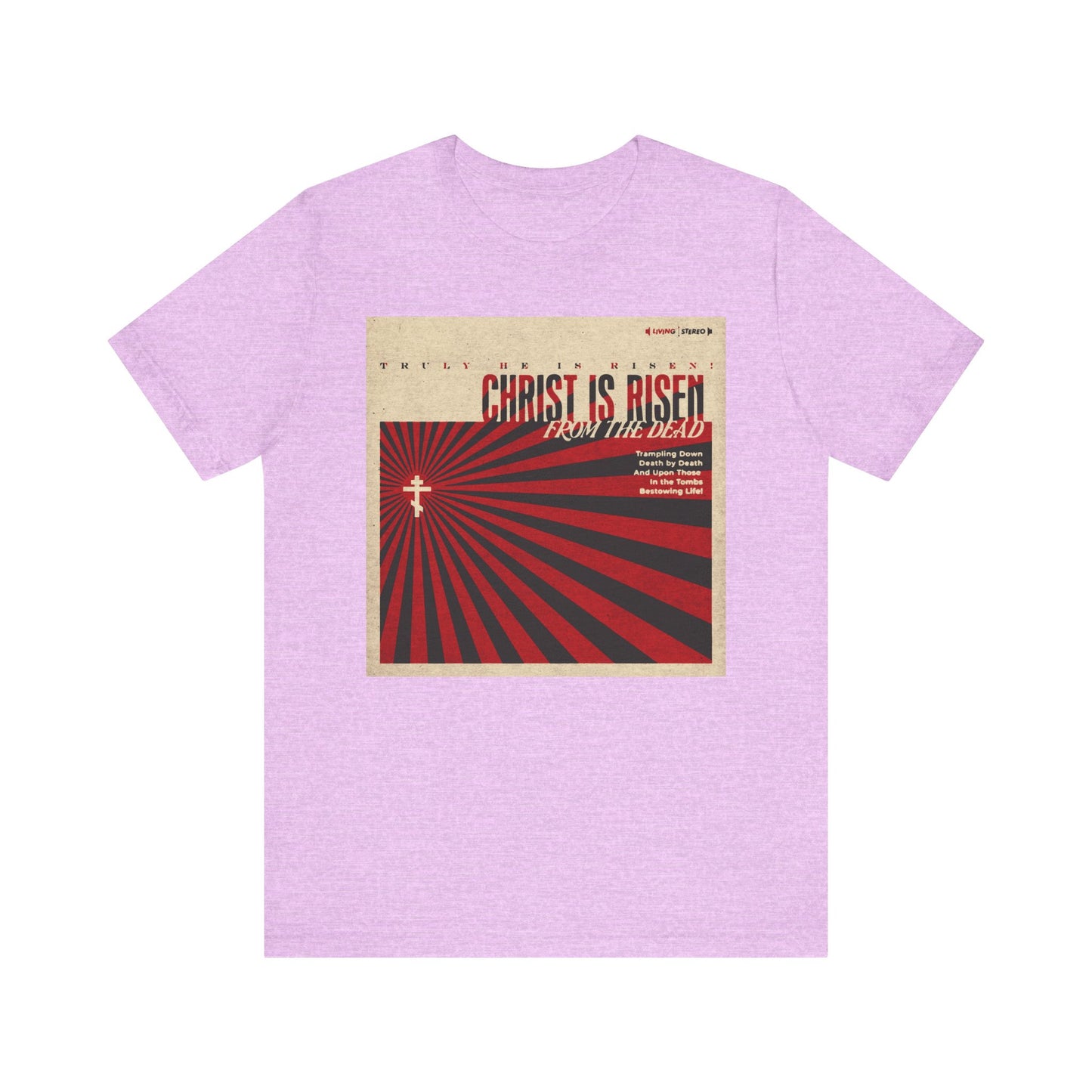 Heather Prism Lilac tee with a bold red and black retro LP cover graphic and "Christ is Risen from the Dead" text, inspired by the Paschal Troparion. Celebrate Christ’s resurrection in this lightweight Orthodox Christian unisex shirt.