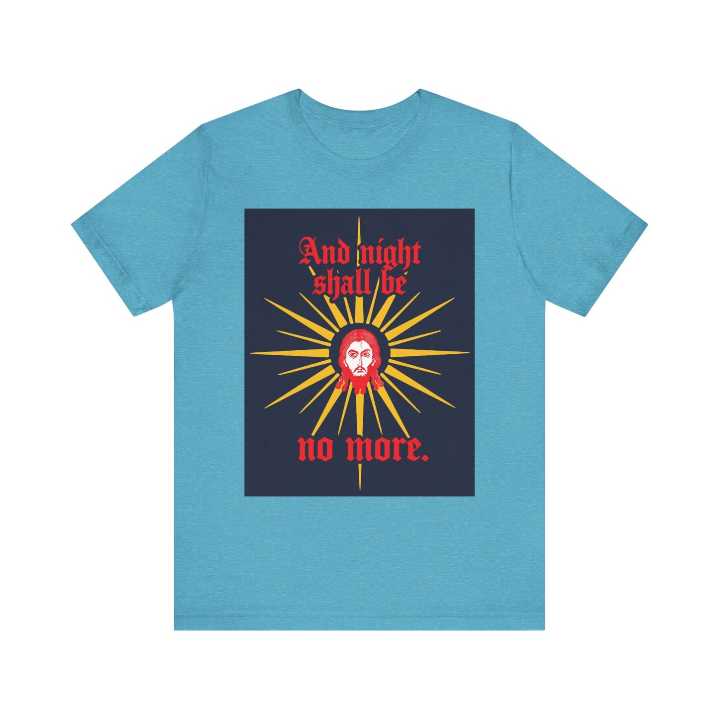 Heather Aqua unisex tee features Jesus Christ Mandylion icon, gothic "And night shall be no more" text from Rev 22:5—an Orthodox Christian graphic on lightweight cotton.