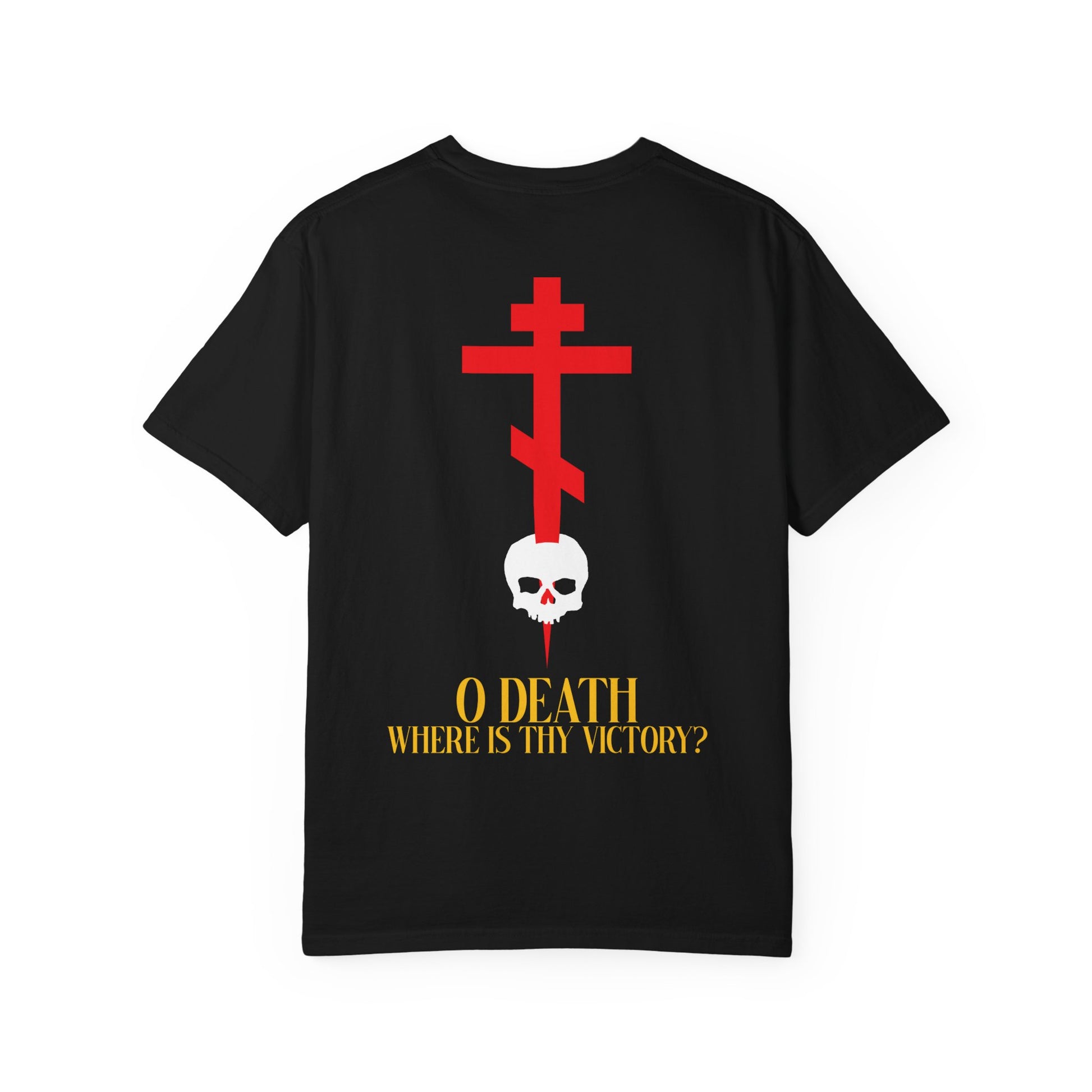 Black heavyweight cotton unisex tee featuring a red cross on the front left chest and an eye-catching design of a cross stabbing a skull with yellow text on the back: “O DEATH WHERE IS THY VICTORY?”—a bold Resurrection-inspired statement.