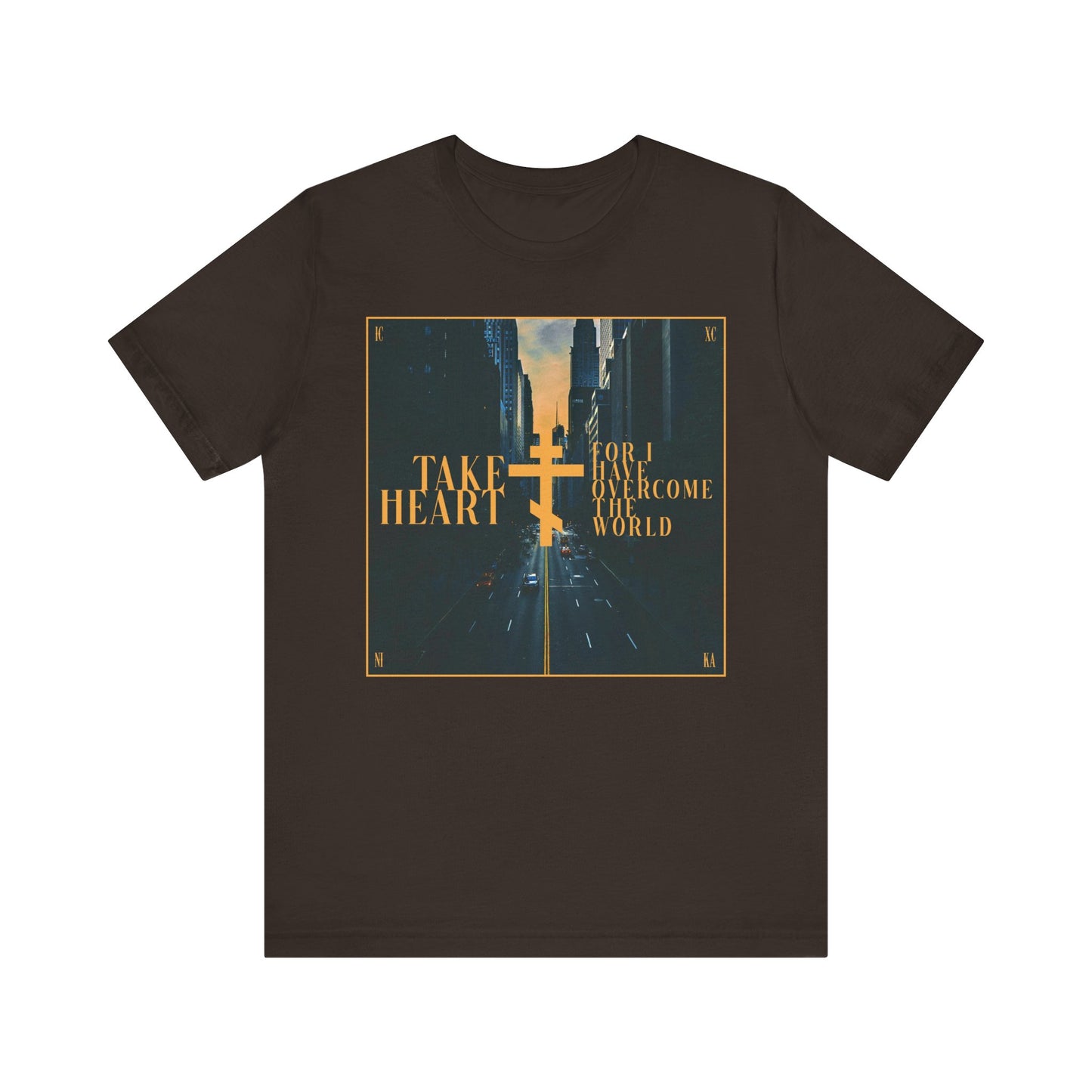 Take Heart, For I Have Overcome the World (John 16:33) | Redemptive Modern City Street Scene Design | Lightweight Cotton Unisex Tee