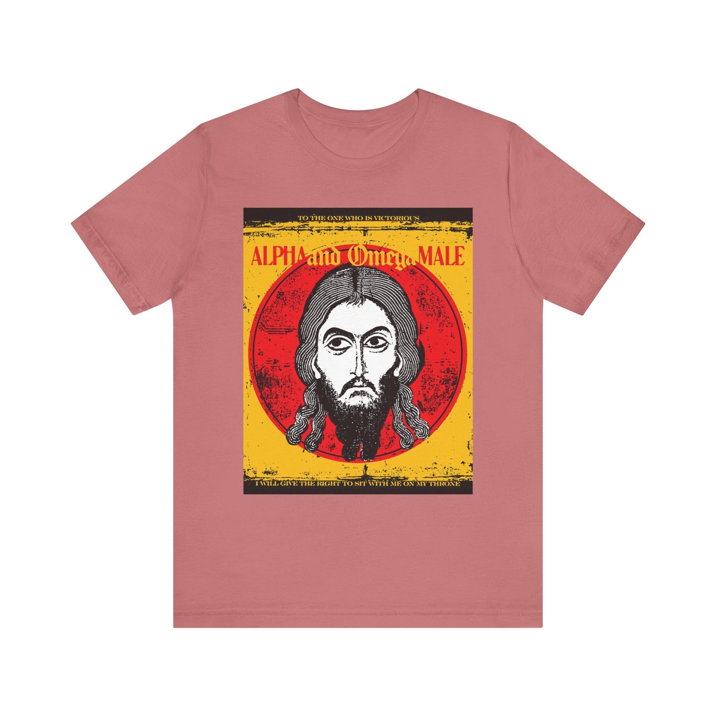 Mauve Alpha & Omega Male Orthodox unisex tee with Jesus Christ Image of Edessa IkonoGraphic and "To the One Who Is Victorious" text in red and yellow retro style. Lightweight cotton.