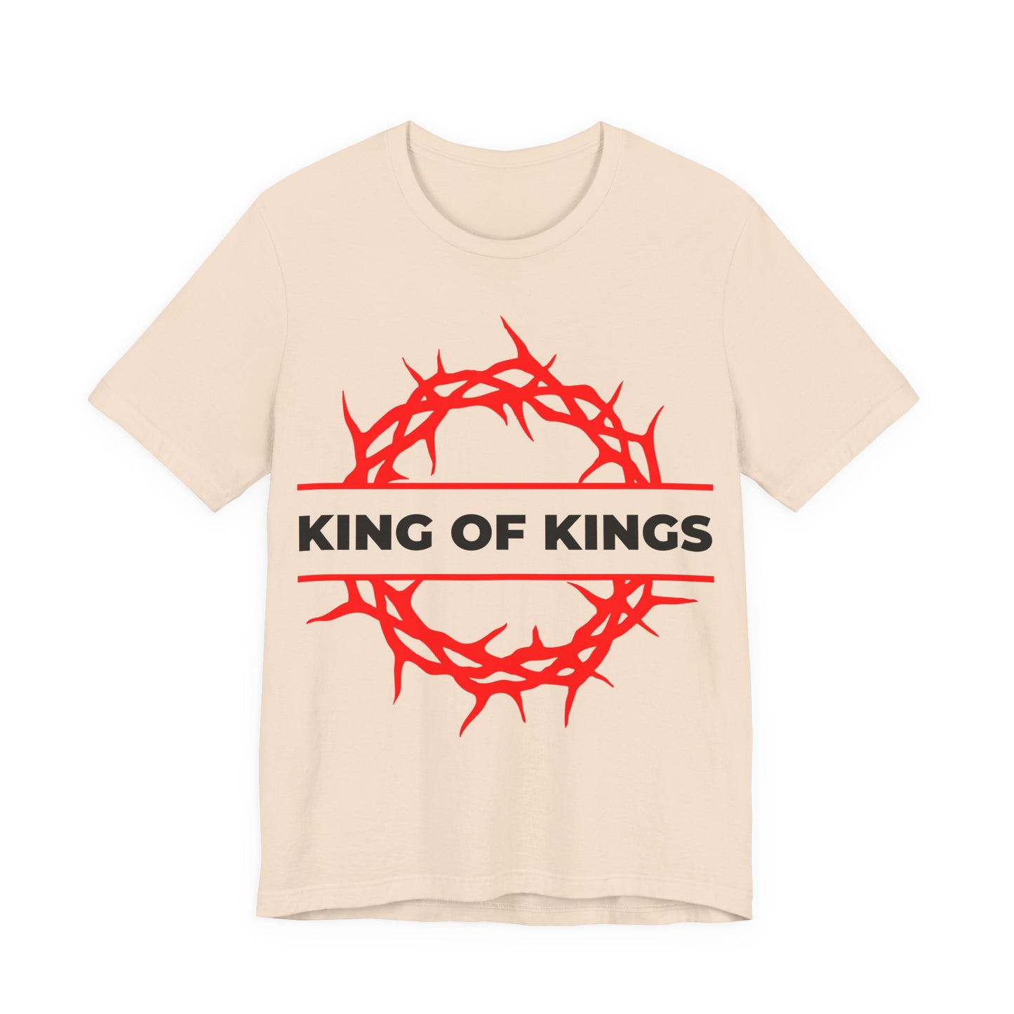Soft cream unisex cotton tee featuring a red crown of thorns and bold black "KING OF KINGS" text, inspired by Revelation 19:16—the King of Glory. Orthodox Christian design from the "Christ is King" collection.