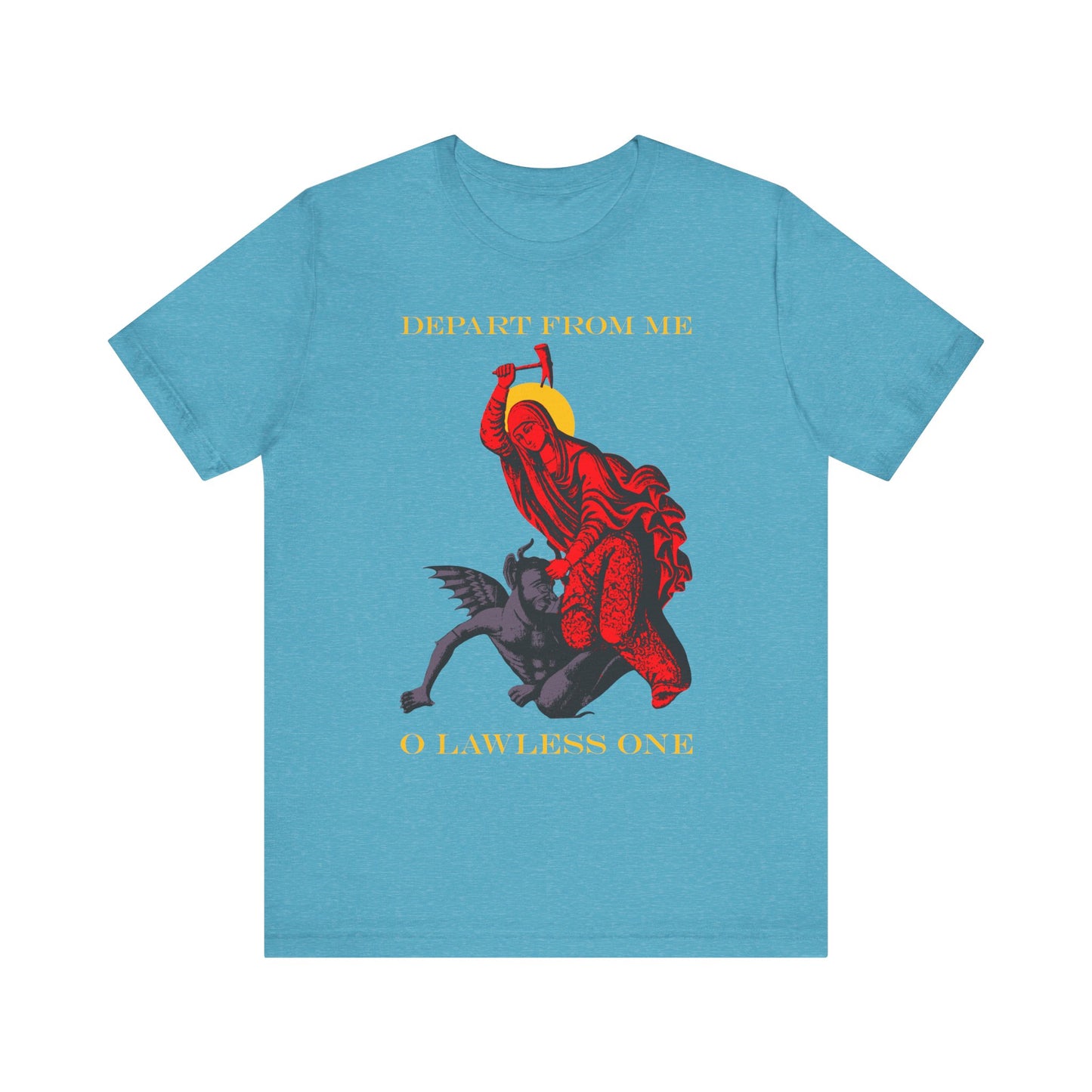 Heather Aqua “St Marina IconoGraphic” tee: Saint Marina beats the devil with a hammer, captioned “Depart from Me O Lawless One”—a tribute to courage in the Life of Margaret of Antioch. Lightweight cotton, unisex fit.