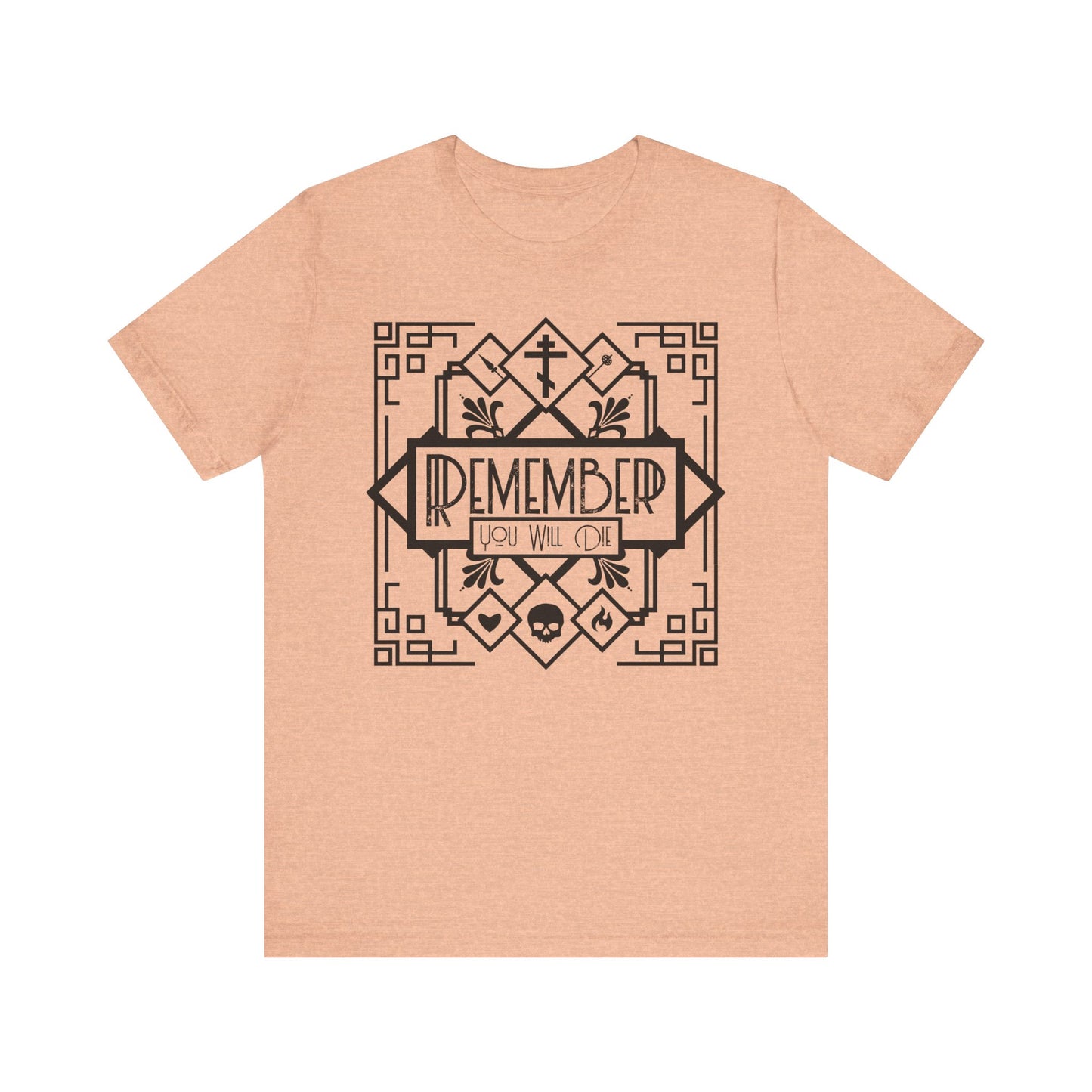 Heather peach lightweight cotton unisex t-shirt featuring a black and white Art Deco line art design: Remember You Will Die, with skull, heart, and fire motifs. Memento Mori theme.