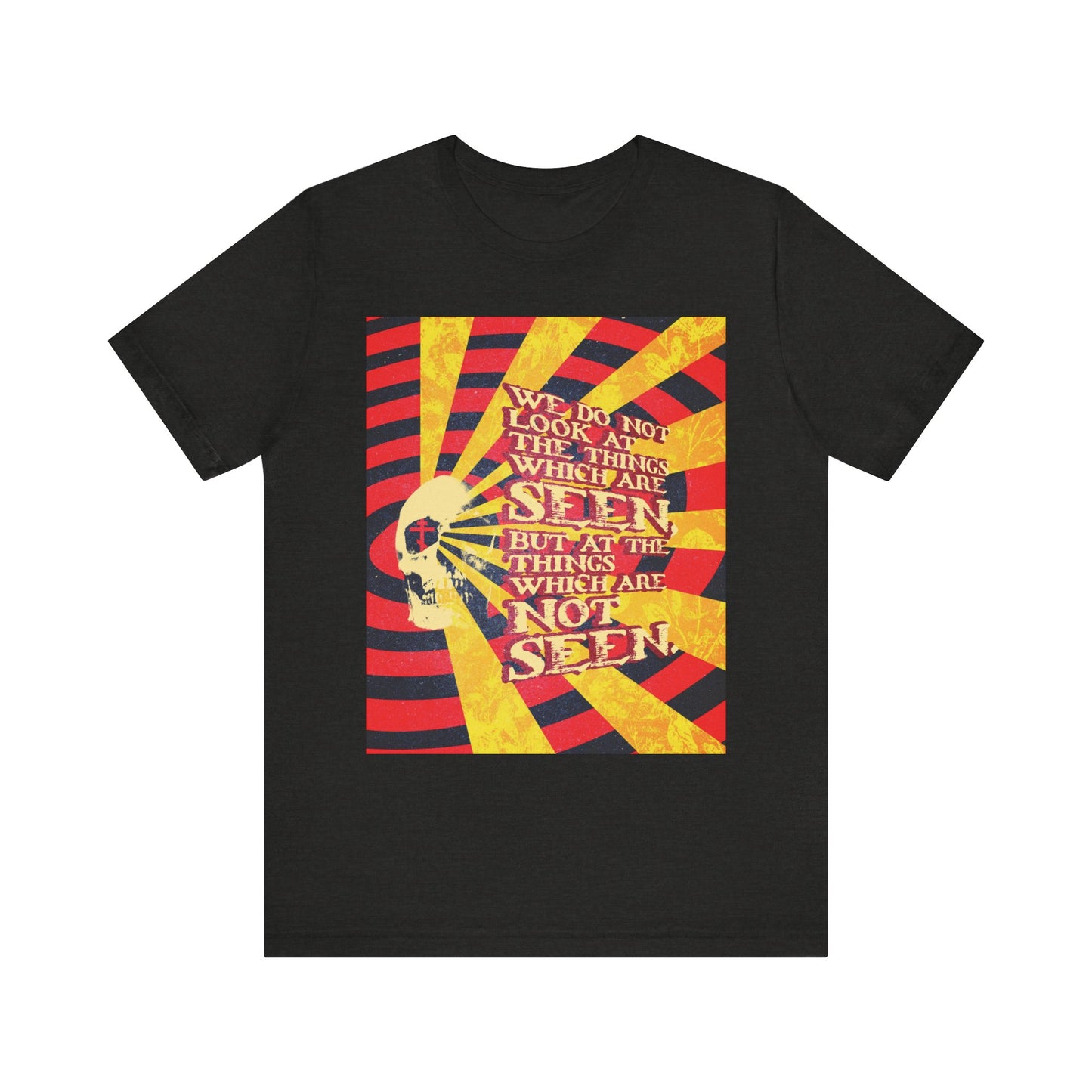 Black Heather "We Do Not Look at the Things Which Are Seen" unisex lightweight cotton tee, styled with a Giallo horror movie poster aesthetic and Orthodox Christian symbolism. Features a bold skull and sunburst design, accented by vibrant yellow and red text quoting 2 Corinthians 4:18—a striking reminder of eternal life and spiritual riches.