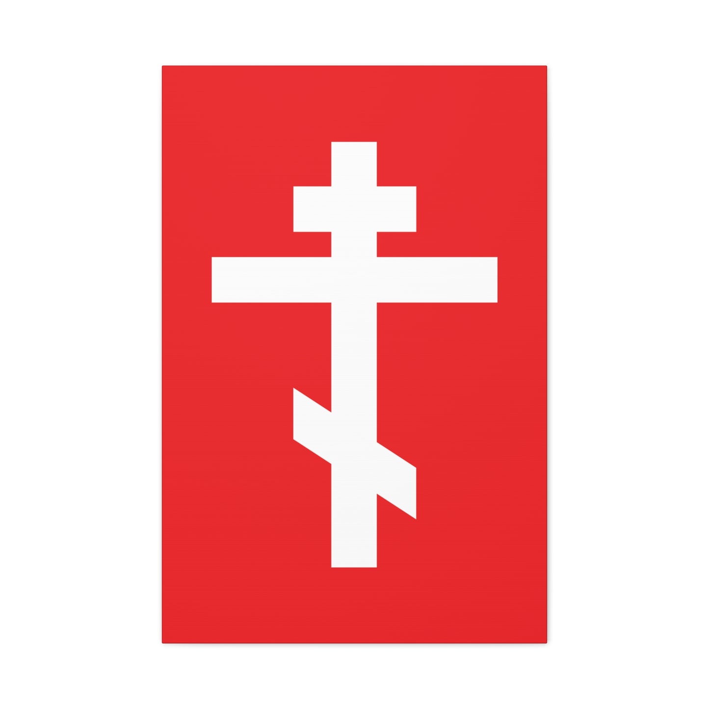 The White Orthodox Cross Red Background Orthodox Canvas Art features a white Orthodox cross on solid red with the verse: "May I never boast, except in the cross of our Lord Jesus Christ" (Gal 6:14).